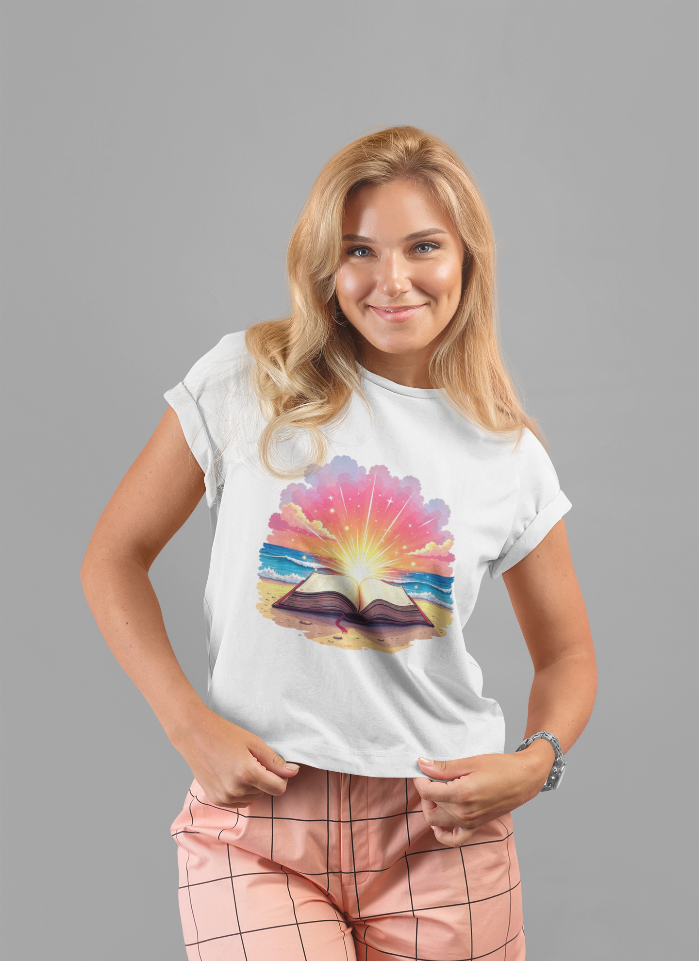 Magical Open Book on Beach with Radiant Flashlight Graphic T-Shirt