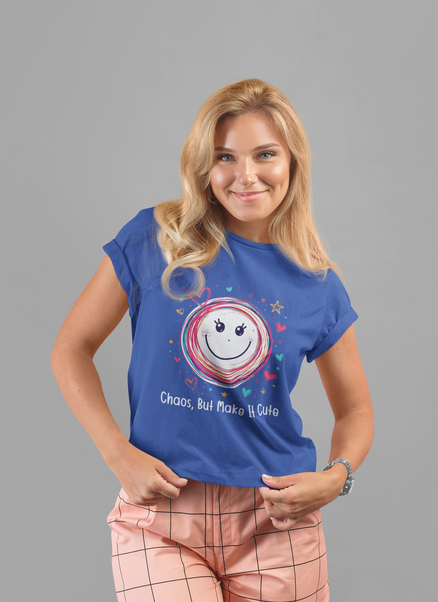 Chaos, But Make It Cute – Colorful Scribbled Circles with Smiley, Hearts & Stars Graphic T-Shirt