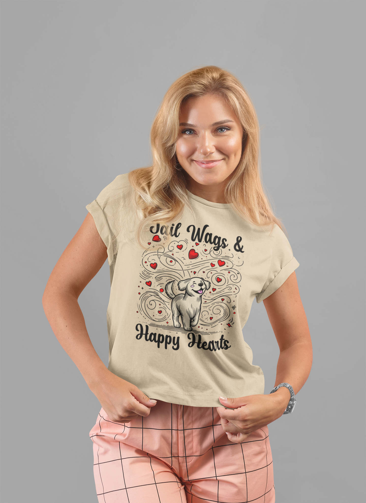Tail Wags Happy Hearts | Smiling Puppy Walking with Flying Heart Emotions T-Shirt