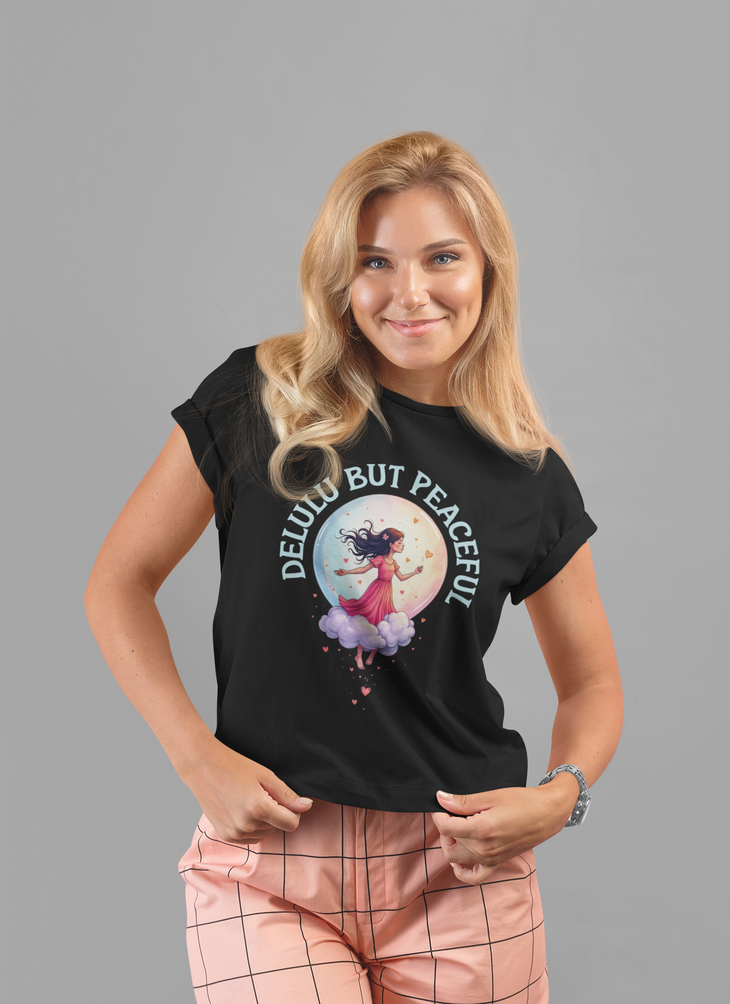 Delulu But Peaceful – Blissfully Unrealistic Floating Girl with Moon & Hearts Graphic T-Shirt