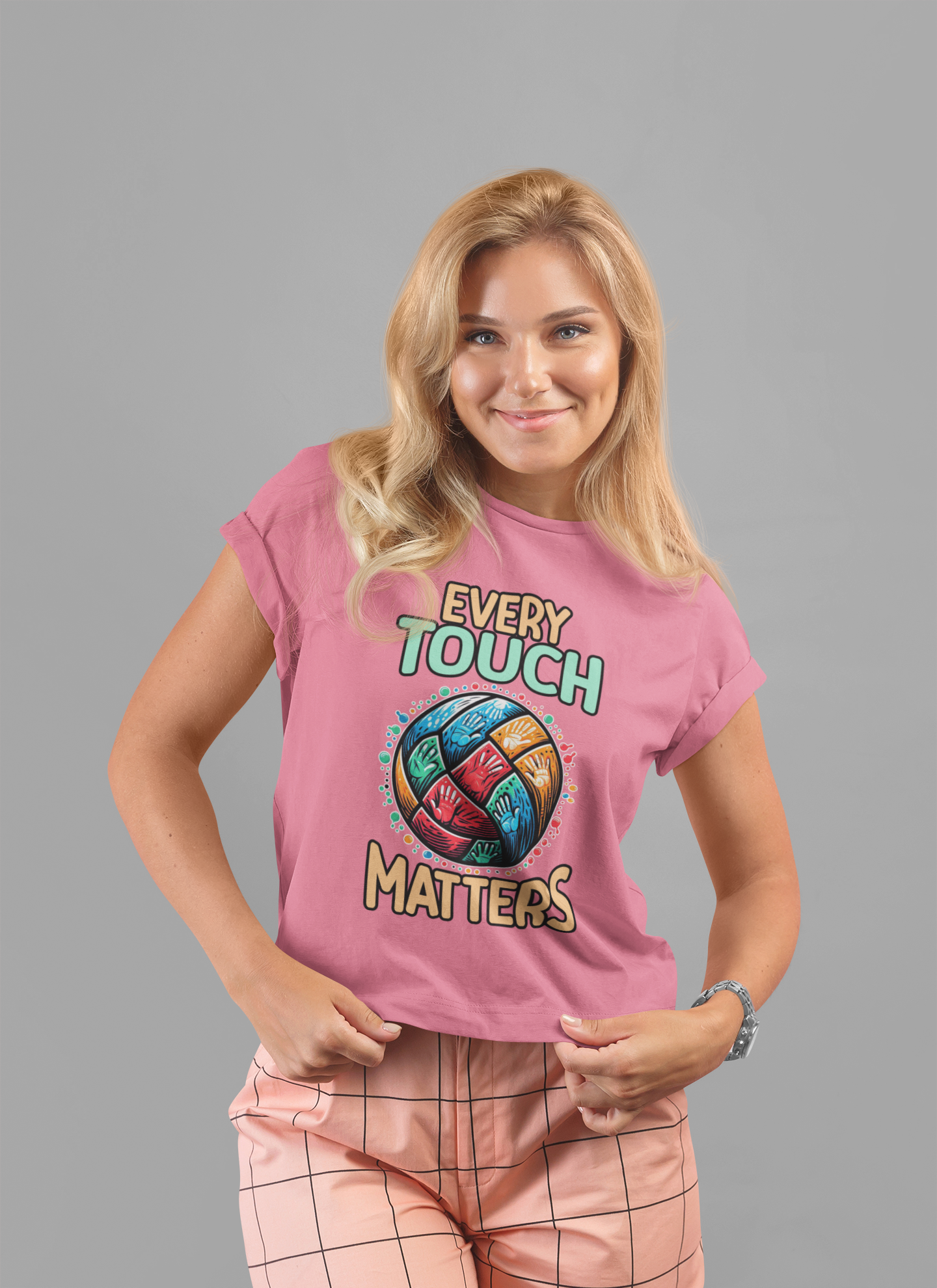 Every Touch Matters – Colorful Volleyball Handprints Graphic T-Shirt