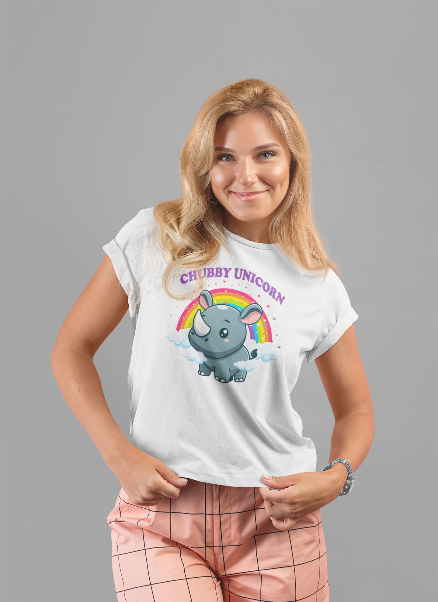 Chubby Unicorn T-Shirt – Cute Cartoon Rhino with Rainbow Graphic Tee