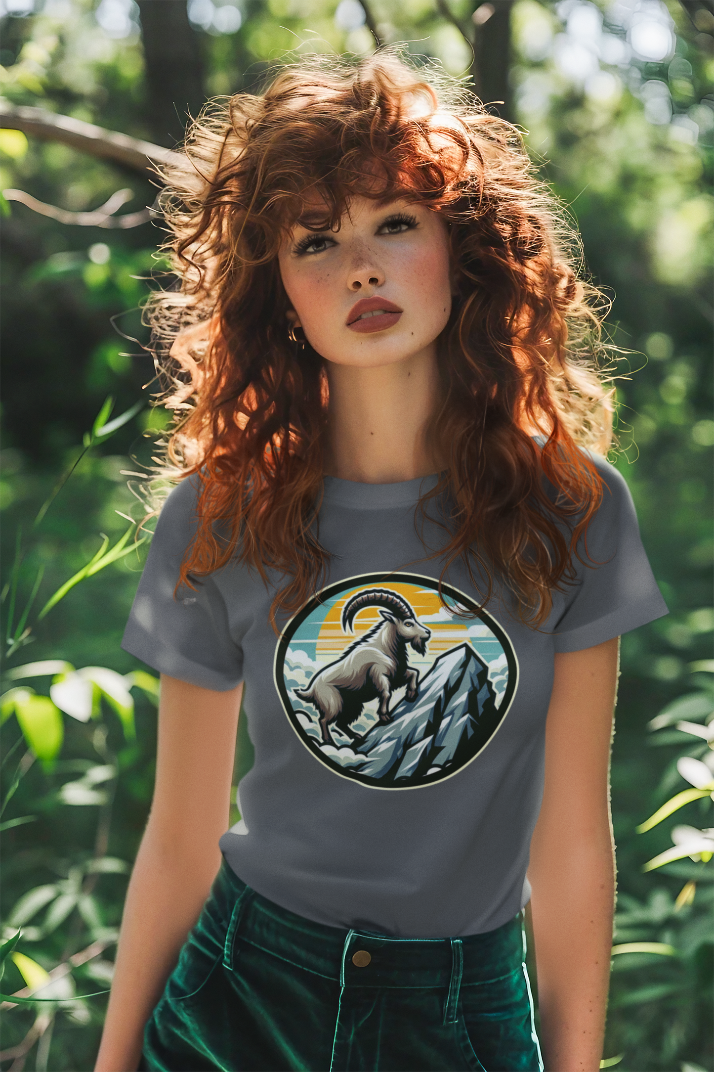 Majestic Mountain Goat on Summit with Sun and Clouds Graphic T-Shirt