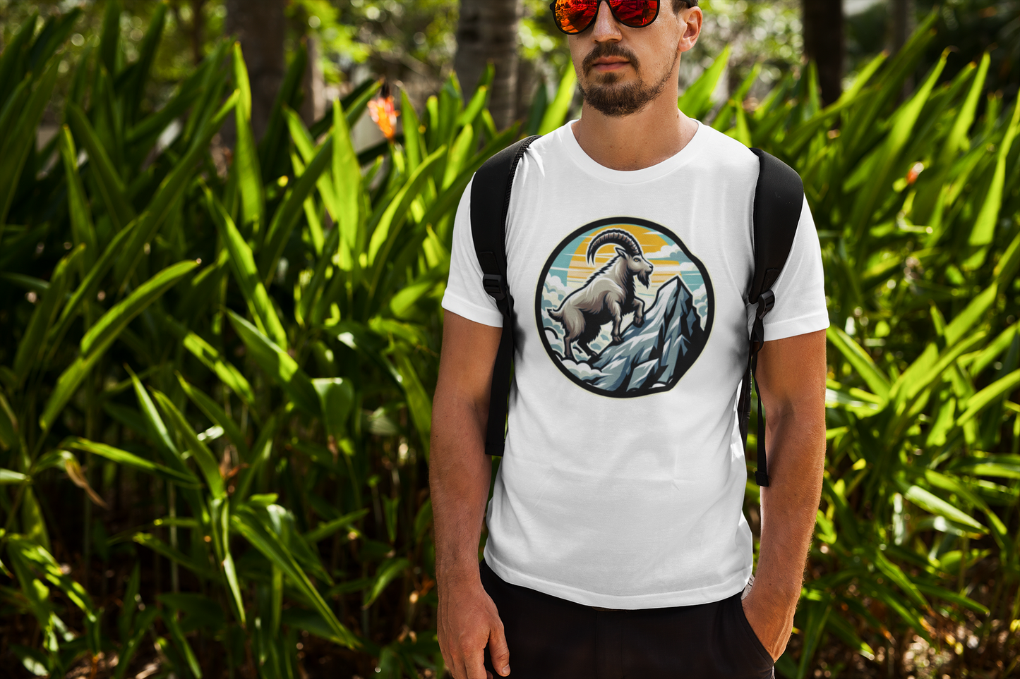 Majestic Mountain Goat on Summit with Sun and Clouds Graphic T-Shirt