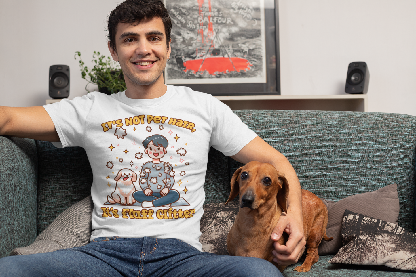 It's Not Pet Hair, It's Fluff Glitter | Smiling Puppy and Boy with Flying Hair & Glitter T-Shirt