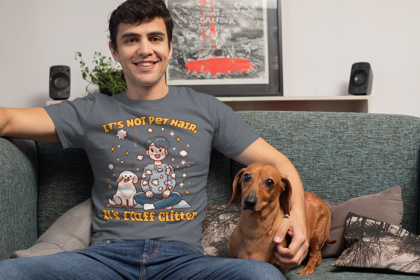 It's Not Pet Hair, It's Fluff Glitter | Smiling Puppy and Boy with Flying Hair & Glitter T-Shirt