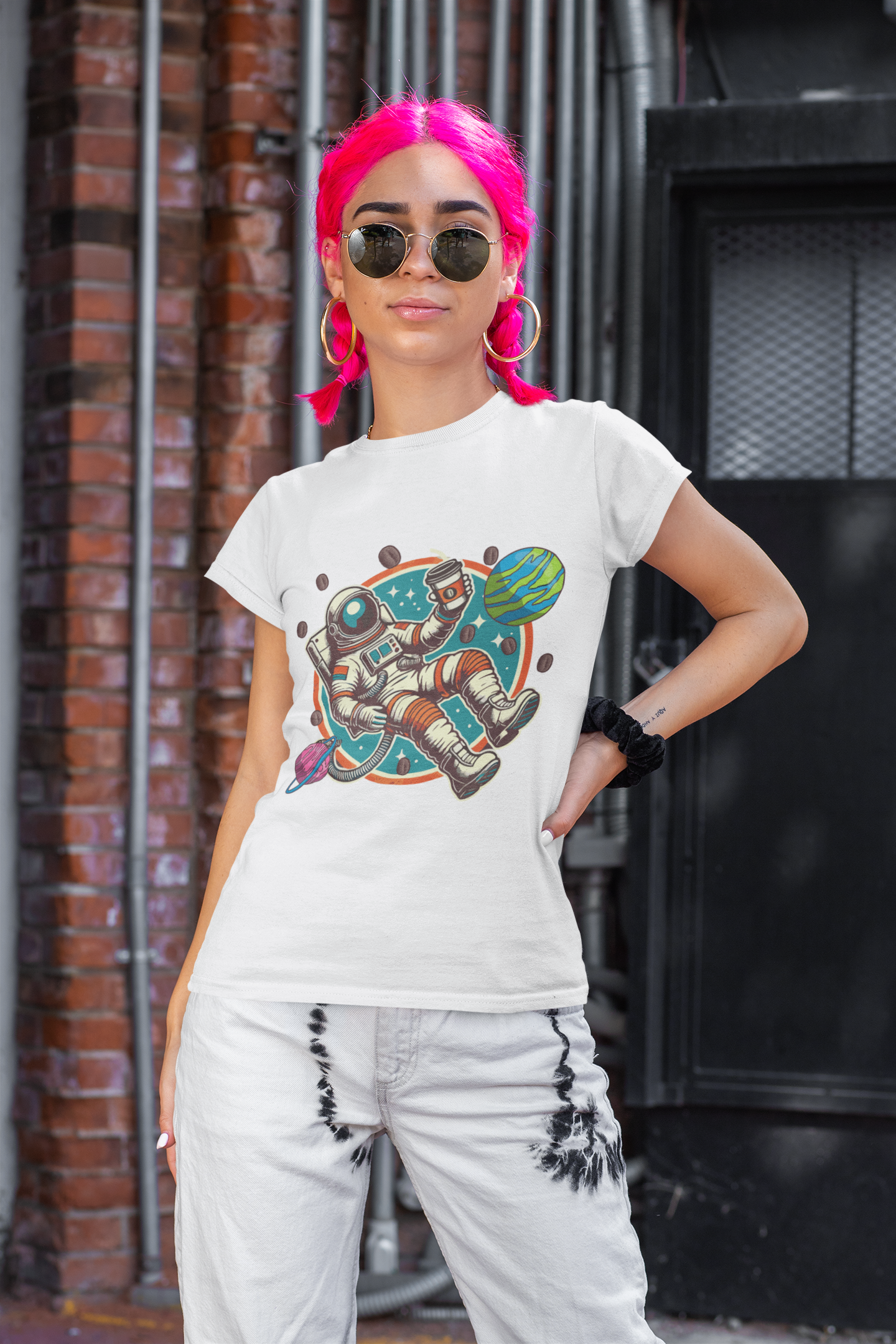 Space Coffee Break | Astronaut Floating with Coffee Cup & Planets Graphic T-Shirt