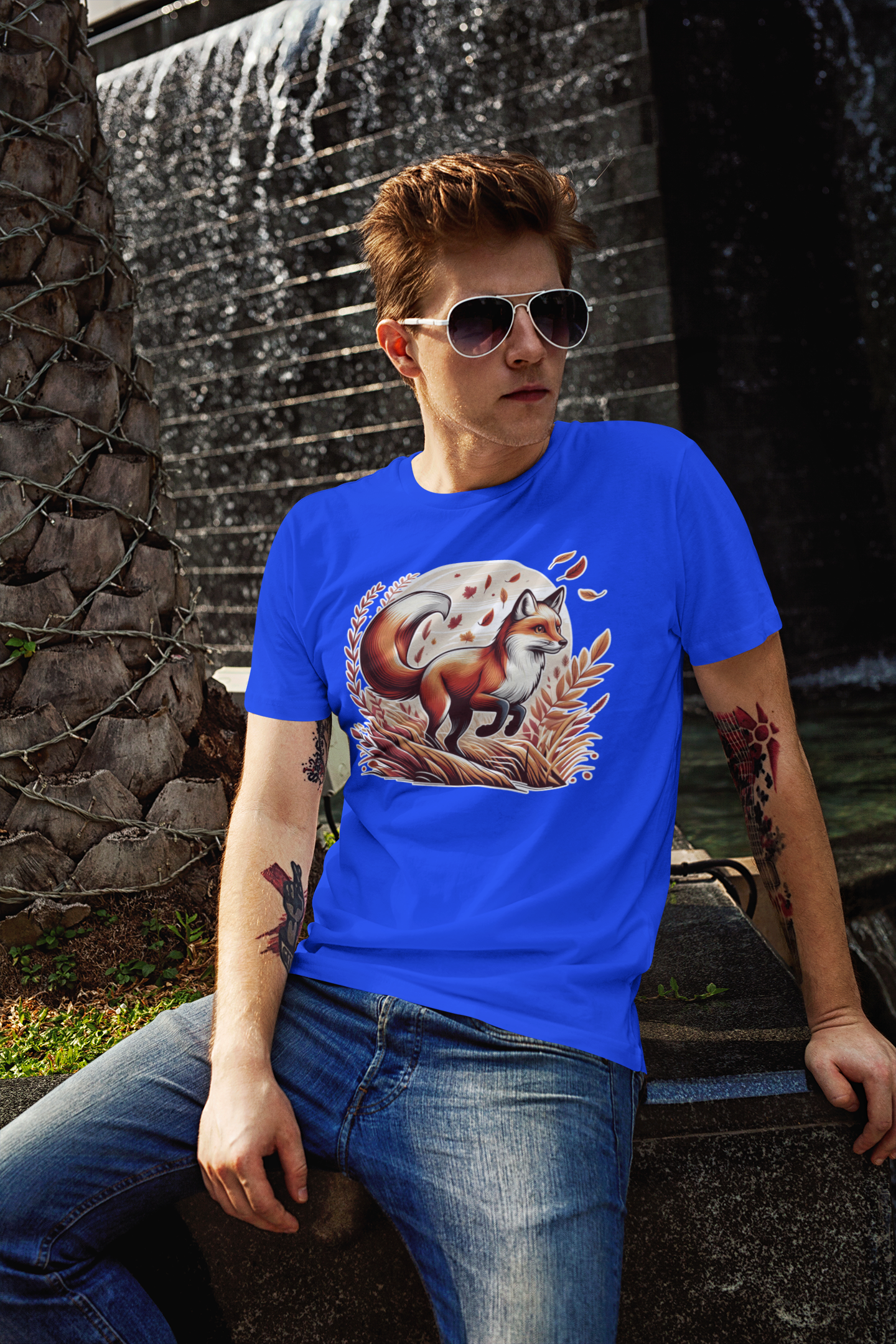 Grace and Agility - Elegant Fox Leaping in Grain Field with Flying Leaves Graphic T-Shirt