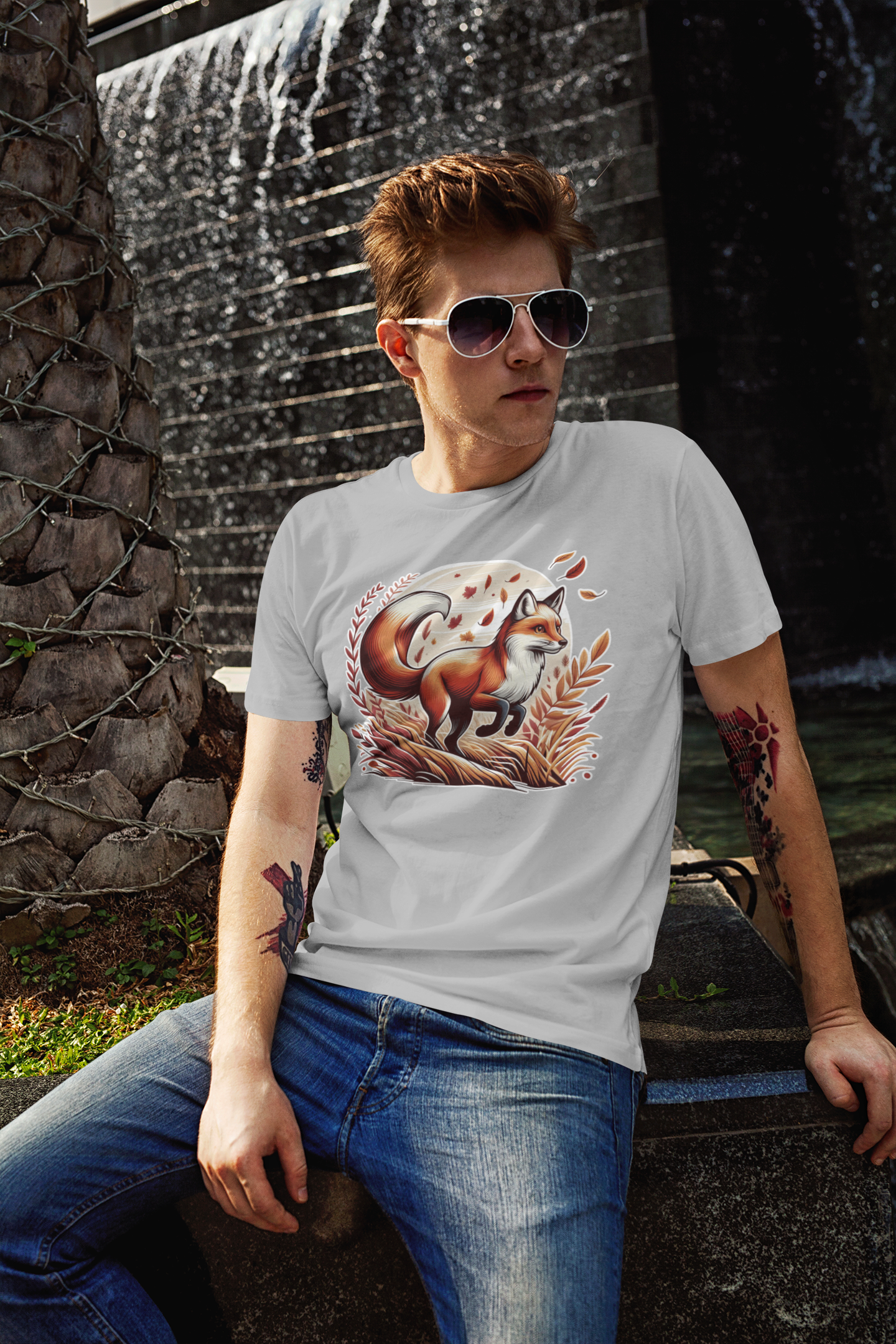 Grace and Agility - Elegant Fox Leaping in Grain Field with Flying Leaves Graphic T-Shirt