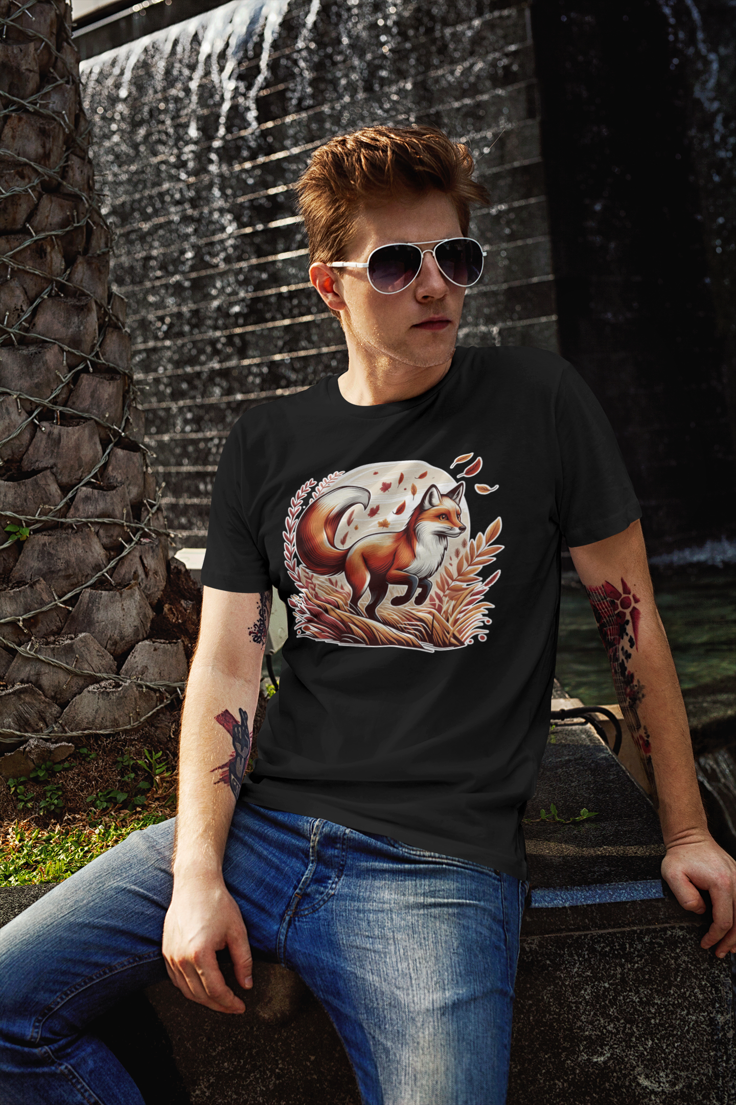 Grace and Agility - Elegant Fox Leaping in Grain Field with Flying Leaves Graphic T-Shirt