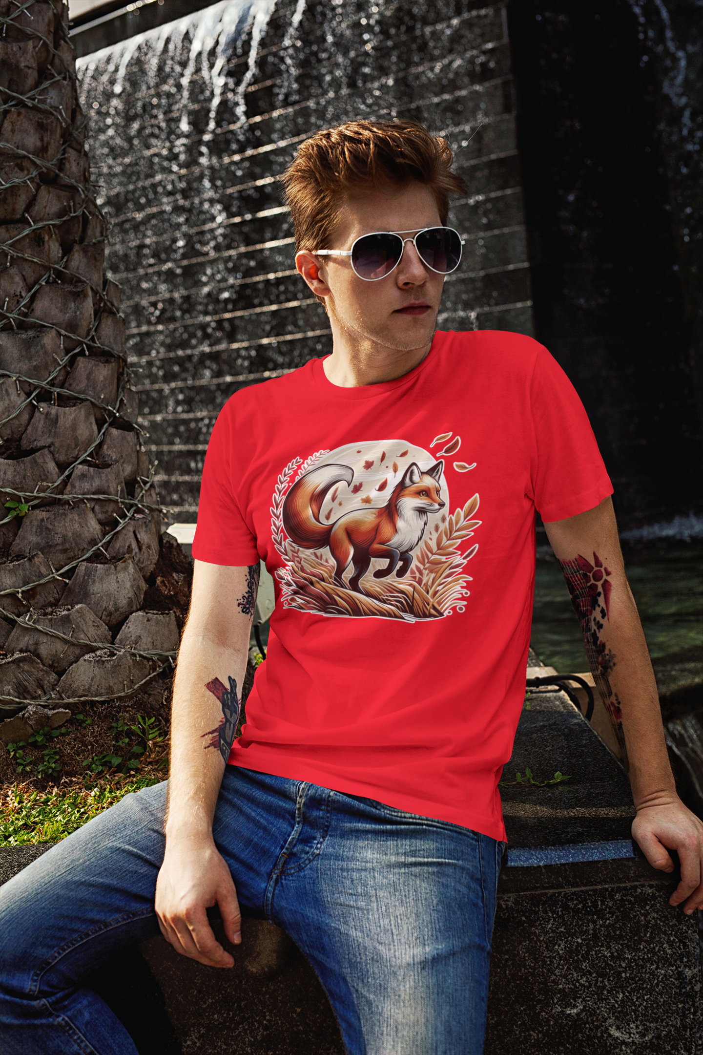 Grace and Agility - Elegant Fox Leaping in Grain Field with Flying Leaves Graphic T-Shirt