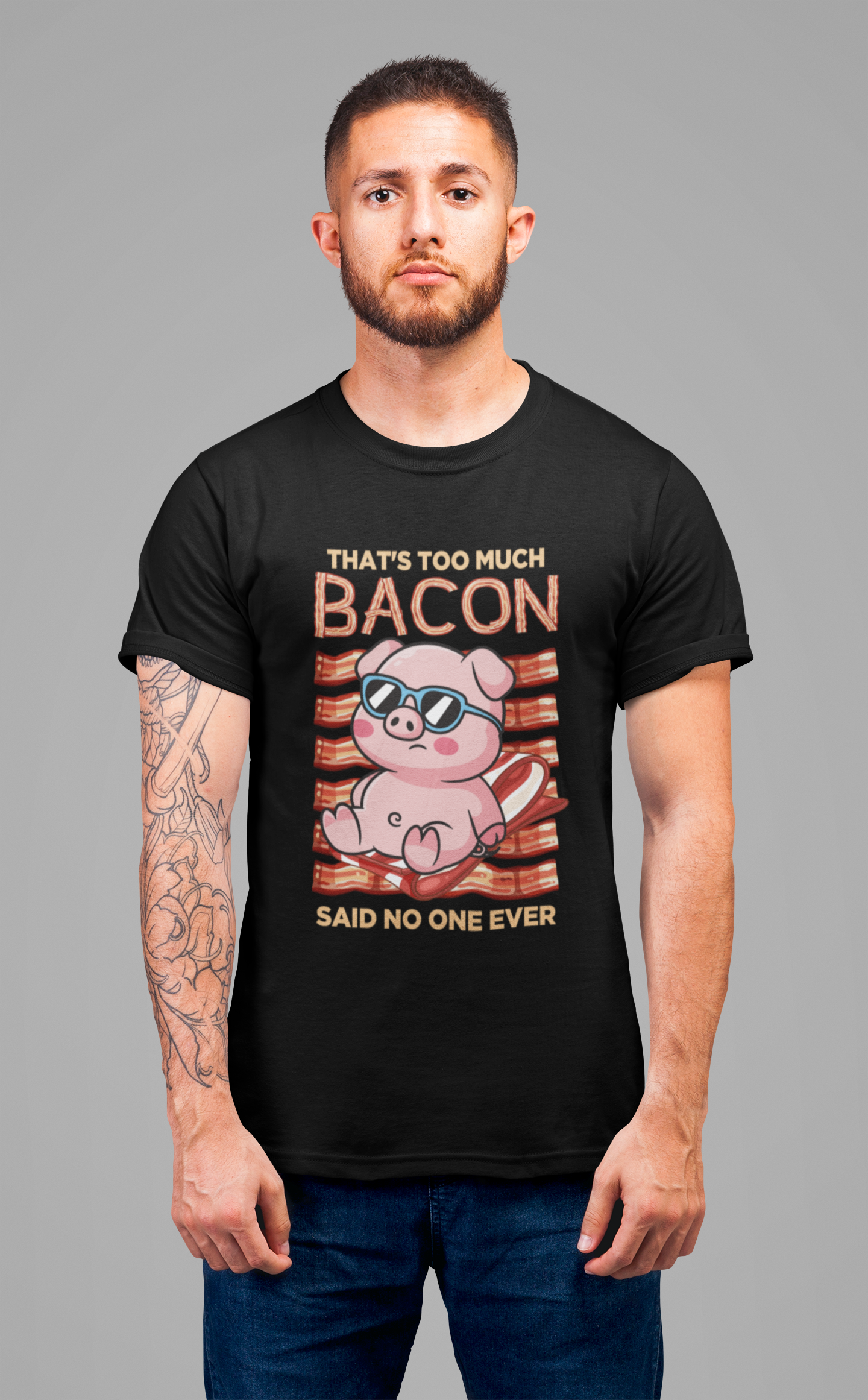 That’s Too Much Bacon Said No One Ever T-Shirt – Cool Pig Lounging with Sunglasses Graphic Tee