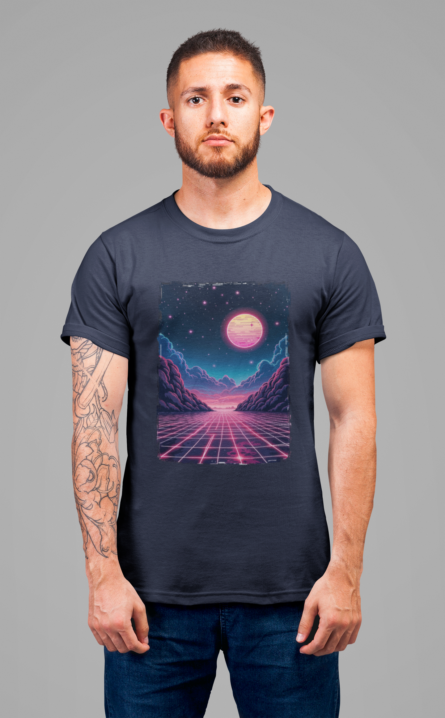 Neon Dream – Full Moon Night Waterfront with Mountains and Glowing Sky Graphic T-Shirt