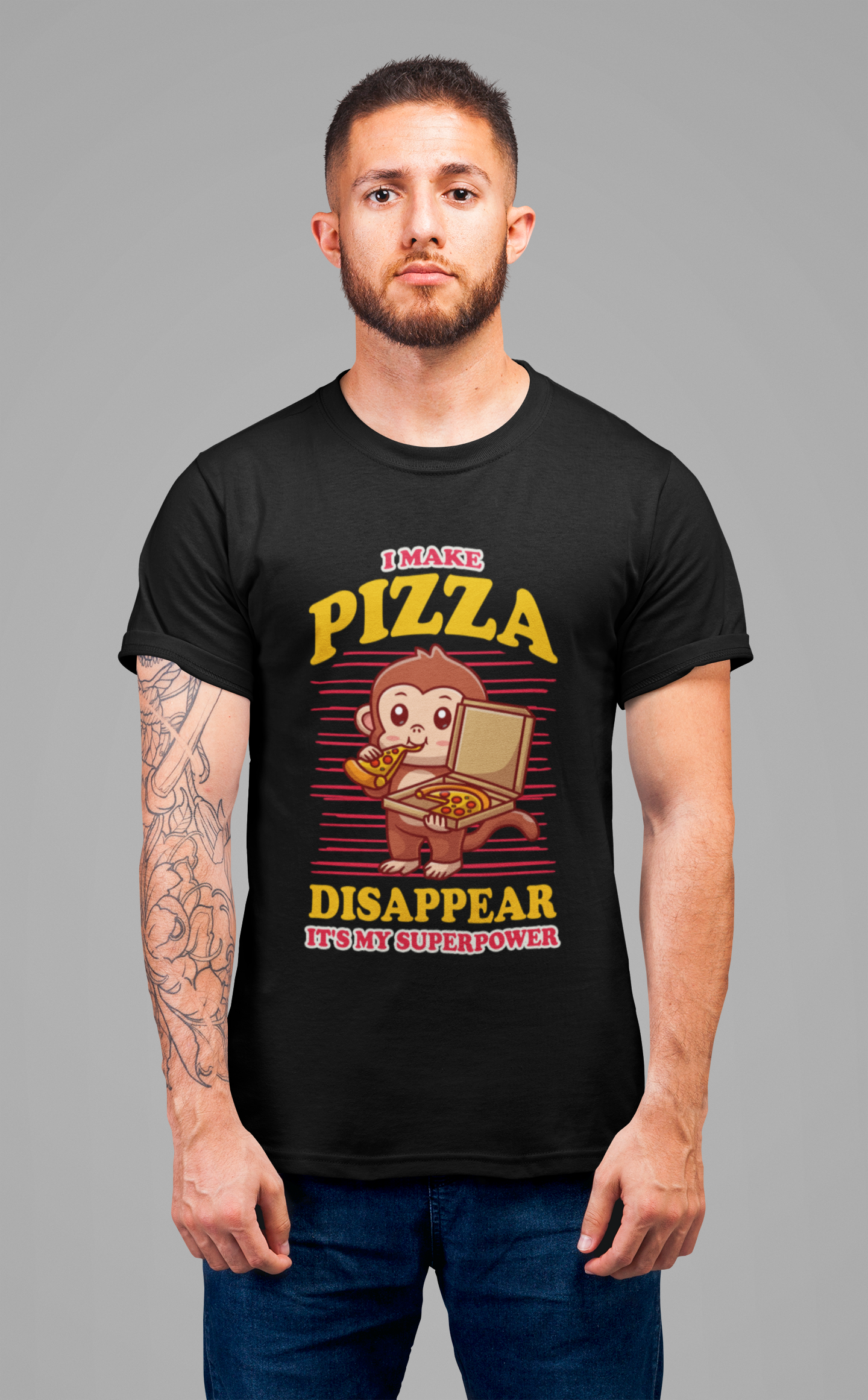 I Make Pizza Disappear T-Shirt – Funny Monkey With Pizza Box and Slice Graphic Tee