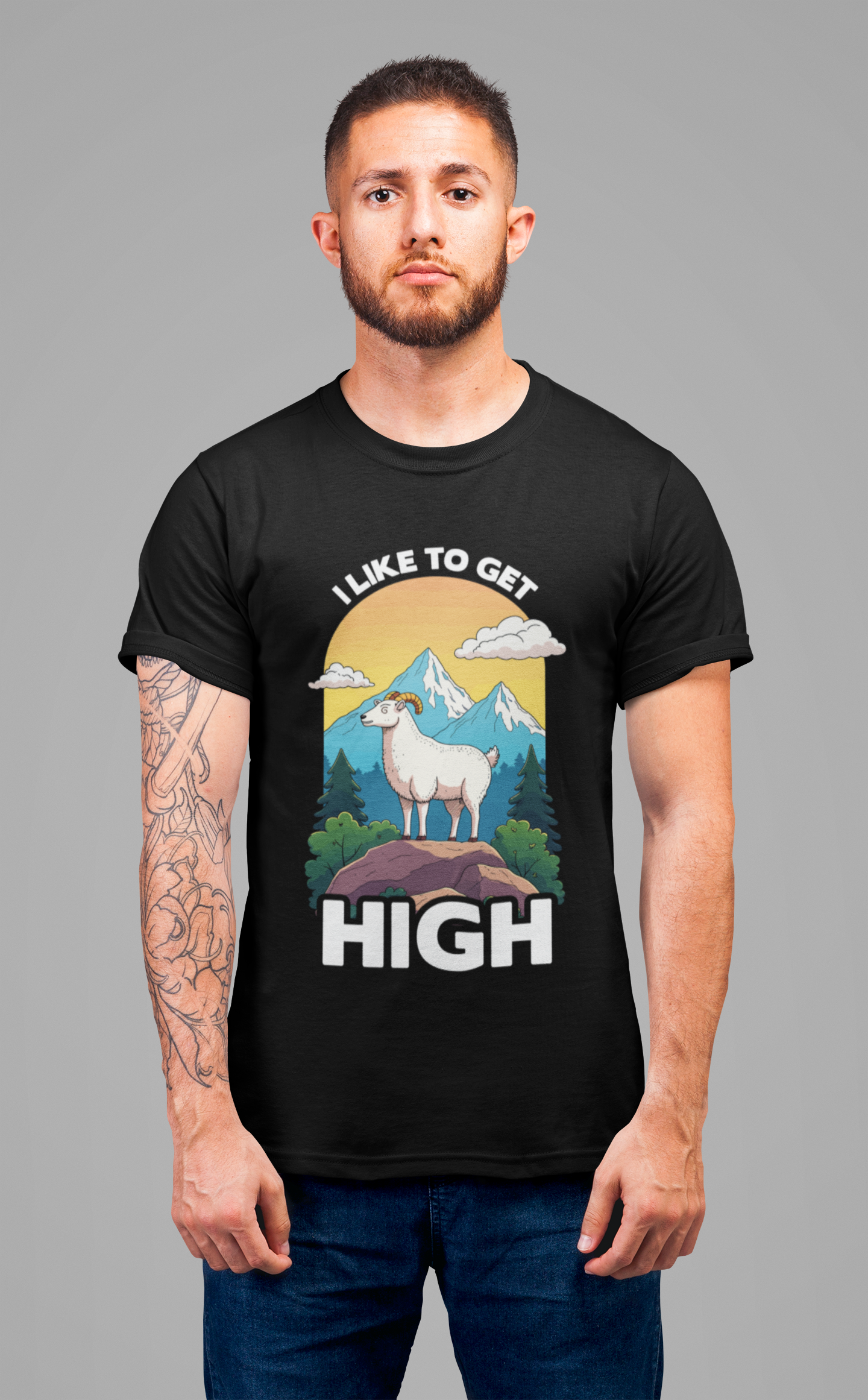 I Like to Get High Tshirt – Mountain Goat Standing on High Rock with Mountain Scenery