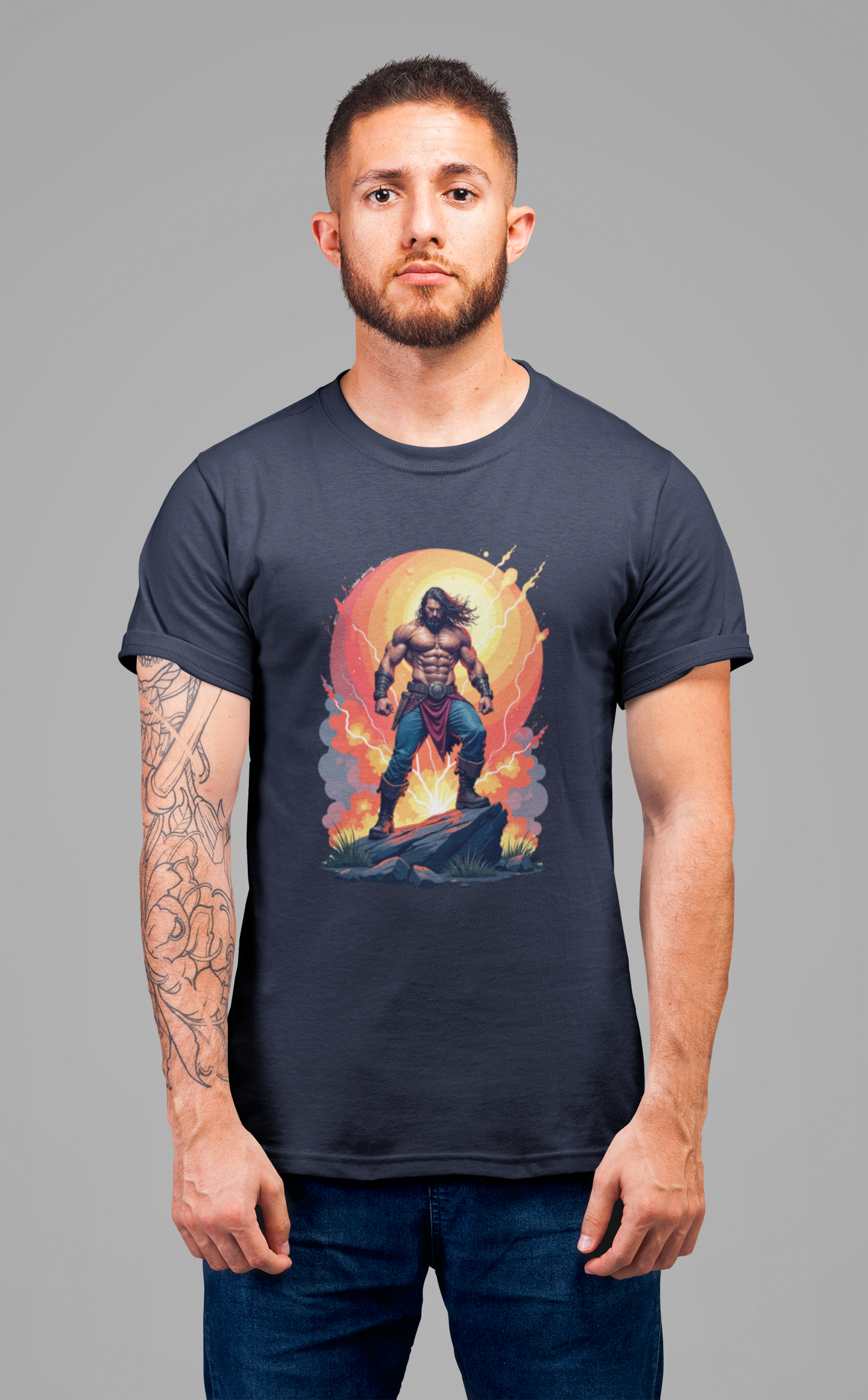 Power Unleashed – Strong Man on Rock with Lightning, Smoke & Fire Splash Graphic T-Shirt