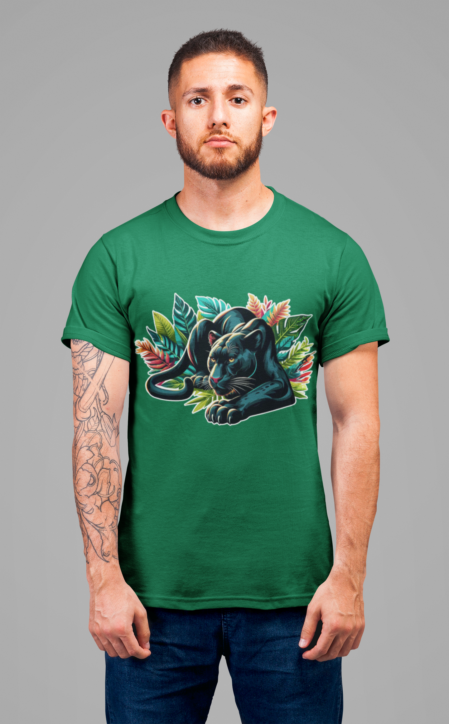 Wild and Beautiful - Black Panther with Claws Out and Jungle Leaves Graphic T-Shirt