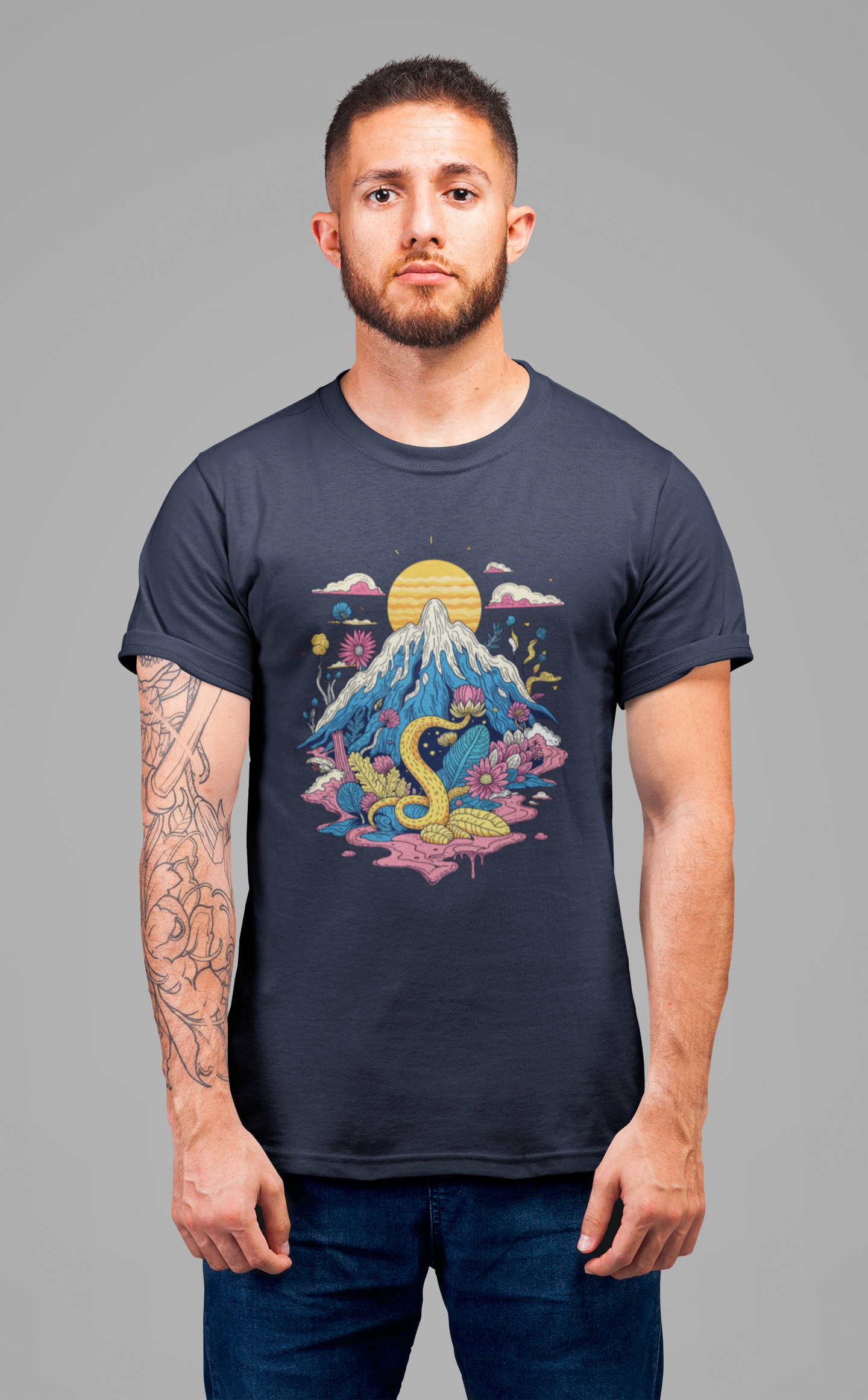 Psychological Jungle Mountain – Psychedelic Sun and Jungle Landscape Graphic T-Shirt