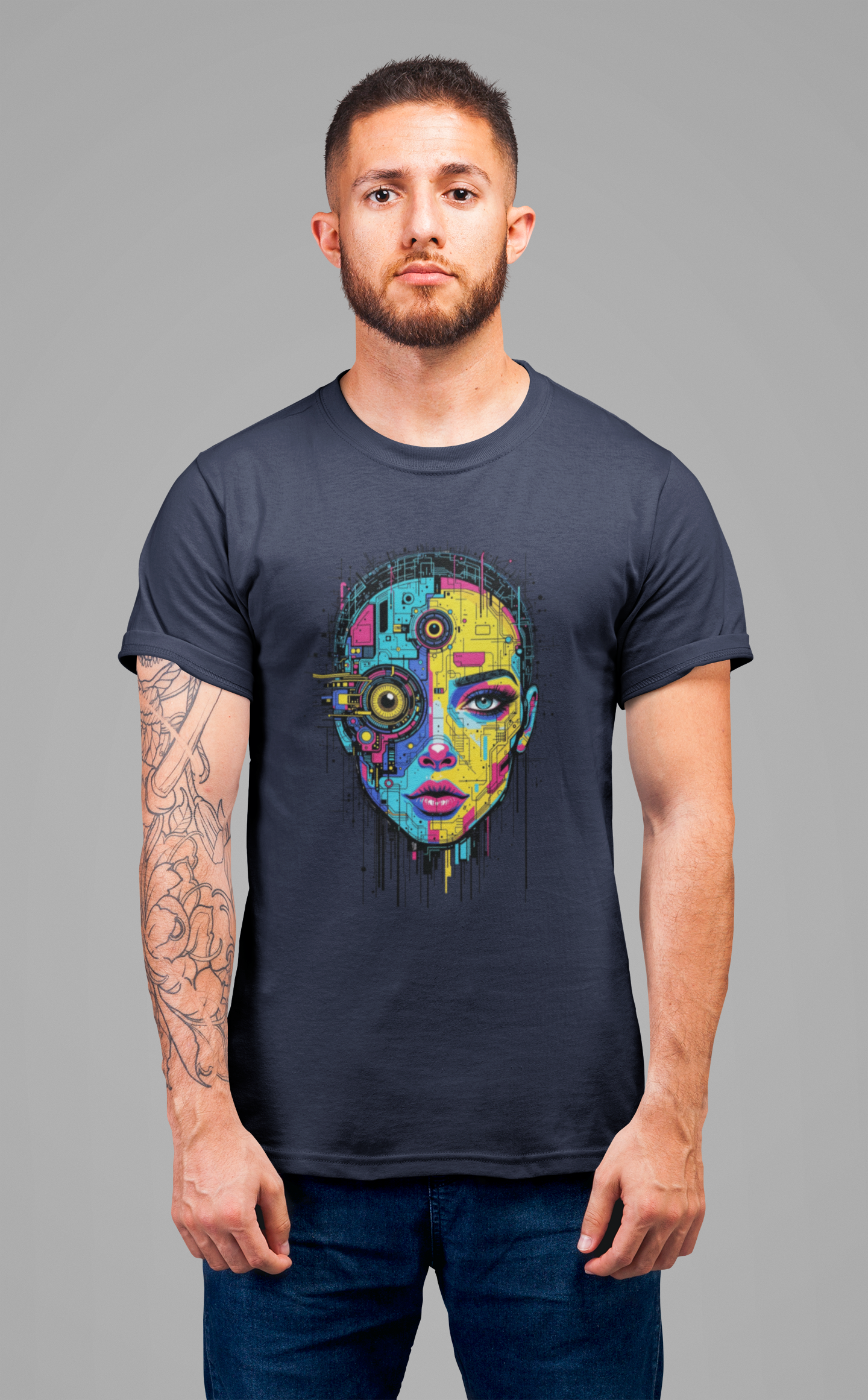 Third Eye Glitch – Robotic Woman with Circuit Face and Three Eyes Graphic T-Shirt