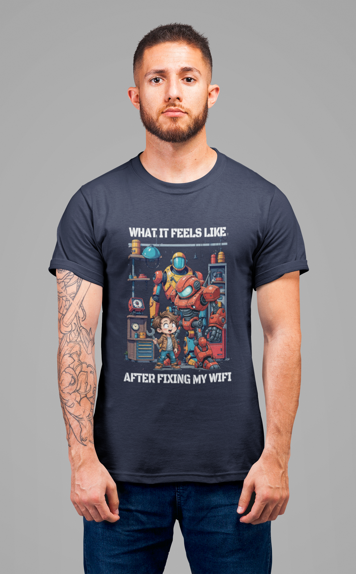 What It Feels Like After Fixing My WIFI – Joyful Boy with Tools Graphic T-Shirt