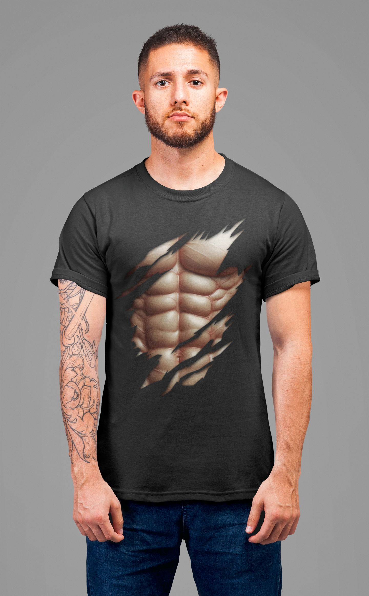 Fake Muscles Shirt, Ripped Chest Costume Tee, Six Pack Abs Funny Graphic T Shirt, Joke Fitness Apparel, Party Costume Gym Gag Top