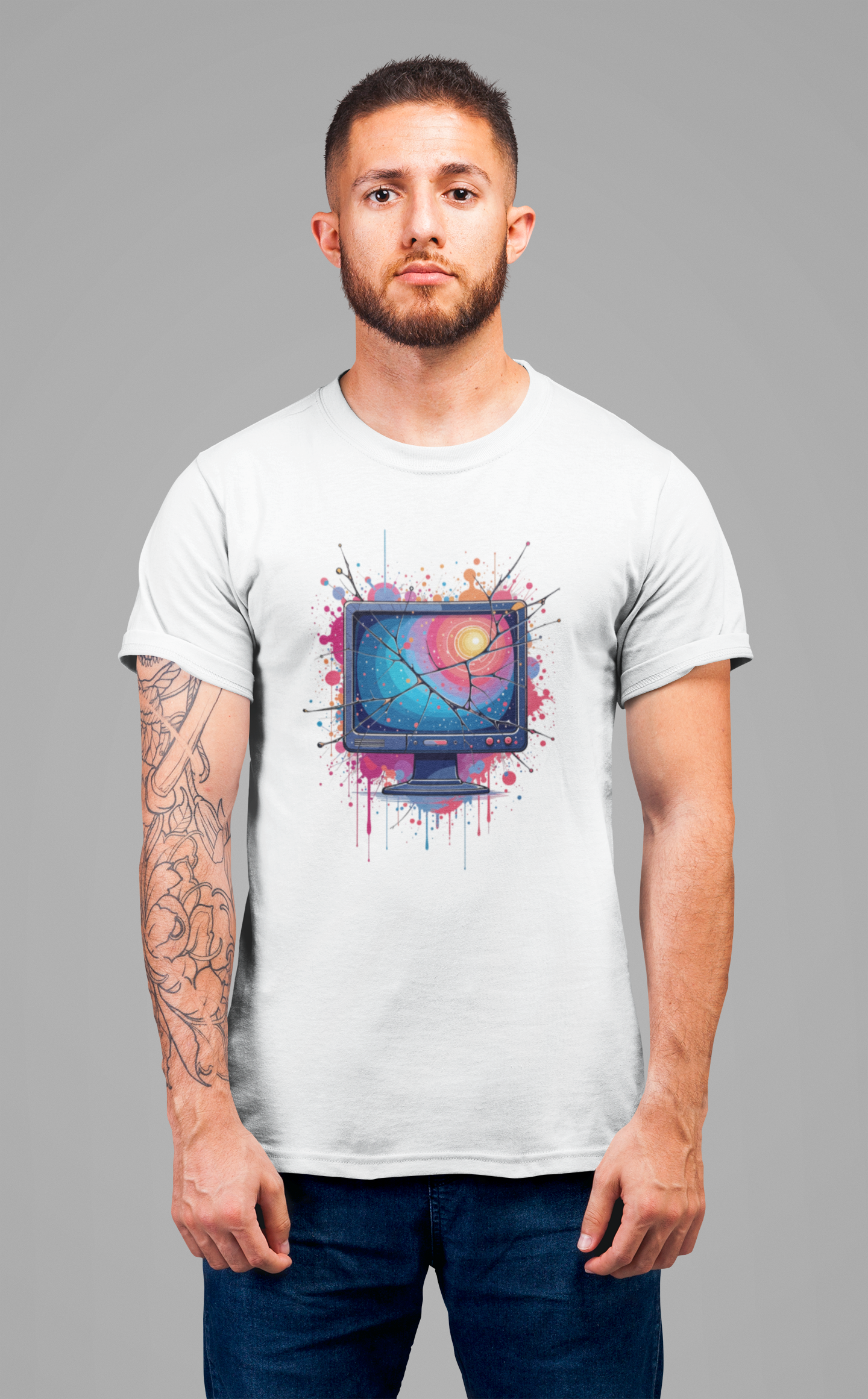 Break the System – Broken Monitor with Cracks, Gradient Screen & Color Splash Graphic T-Shirt
