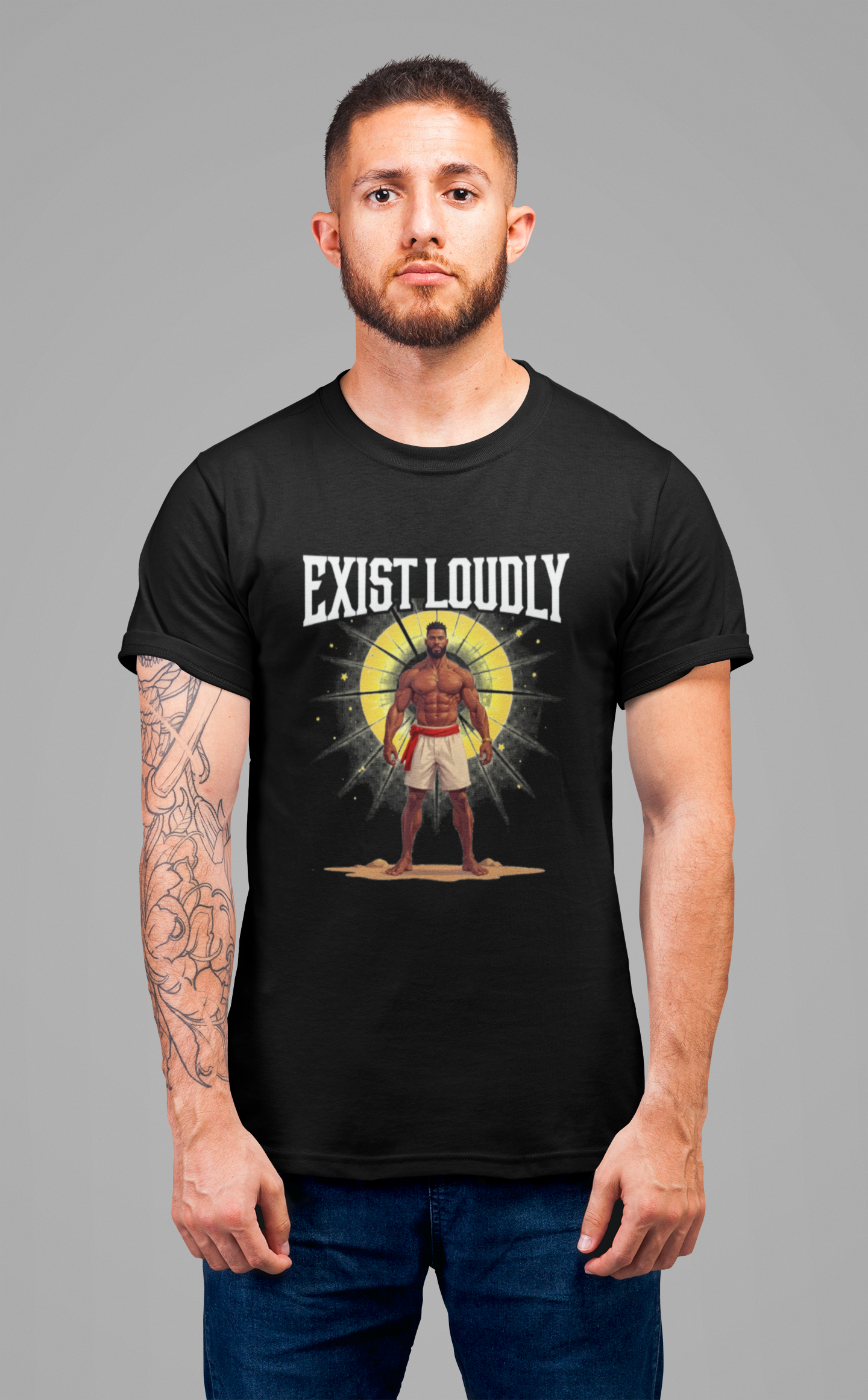 Exist Loudly – Strong Muscular Man with Red Belt & Glowing Light Graphic T-Shirt