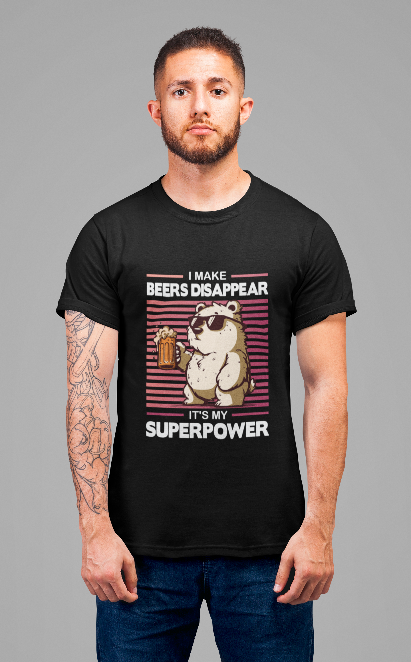 I Make Beers Disappear T-Shirt – Cool Bear With Sunglasses and Beer Funny Graphic Tee