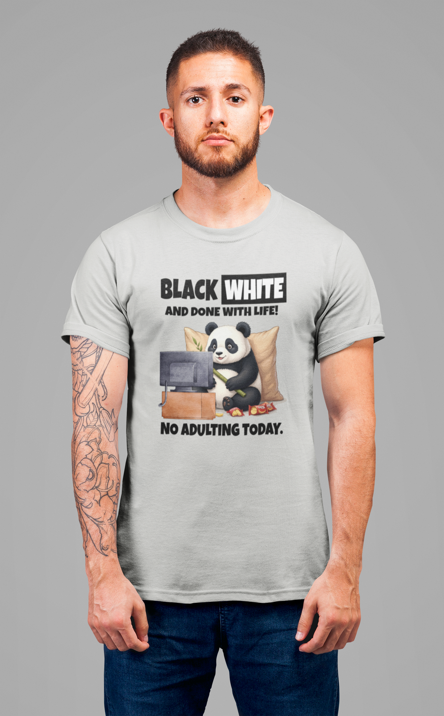 Black White and Done With Life Tee, Panda Humor Shirt, Anti Adulting Graphic Tee, Funny Mood Animal Top, Lazy Day Gift