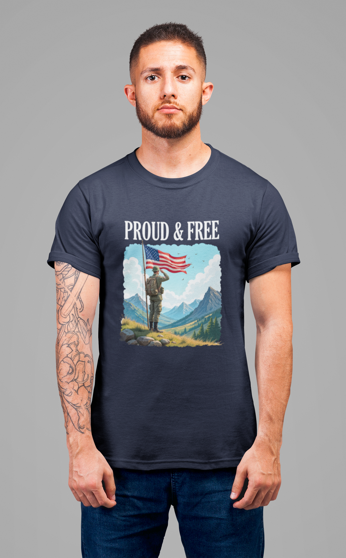 Proud and Free | Patriotic US Flag & Soldier Salute T-Shirt