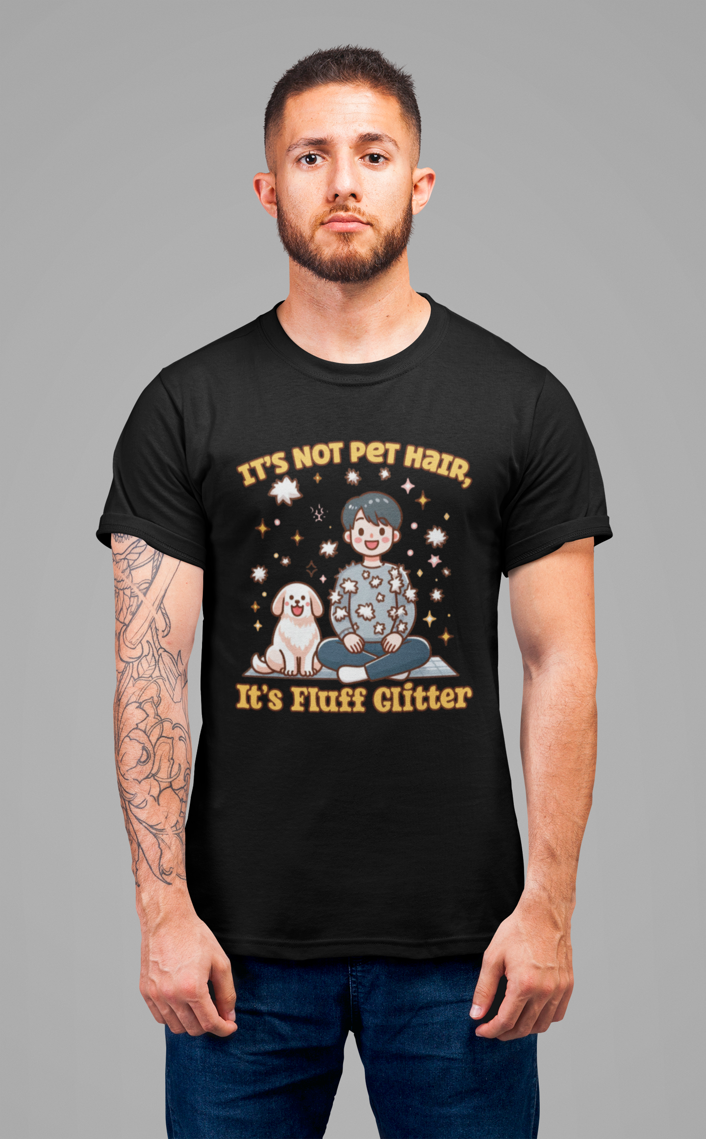 It's Not Pet Hair, It's Fluff Glitter | Smiling Puppy and Boy with Flying Hair & Glitter T-Shirt