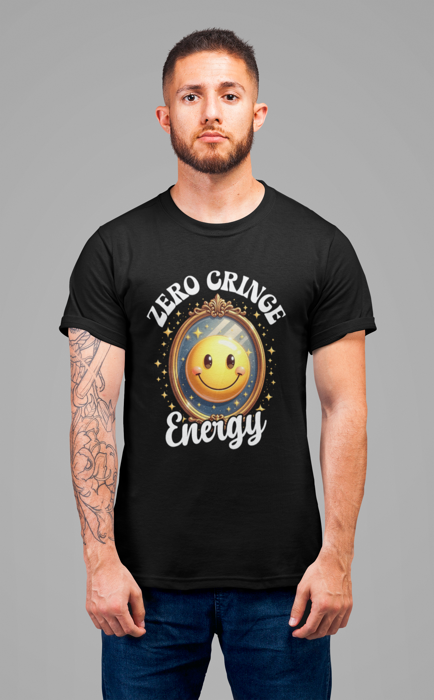 Zero Cringe Energy – Large Mirror with Happy Smiley Graphic T-Shirt