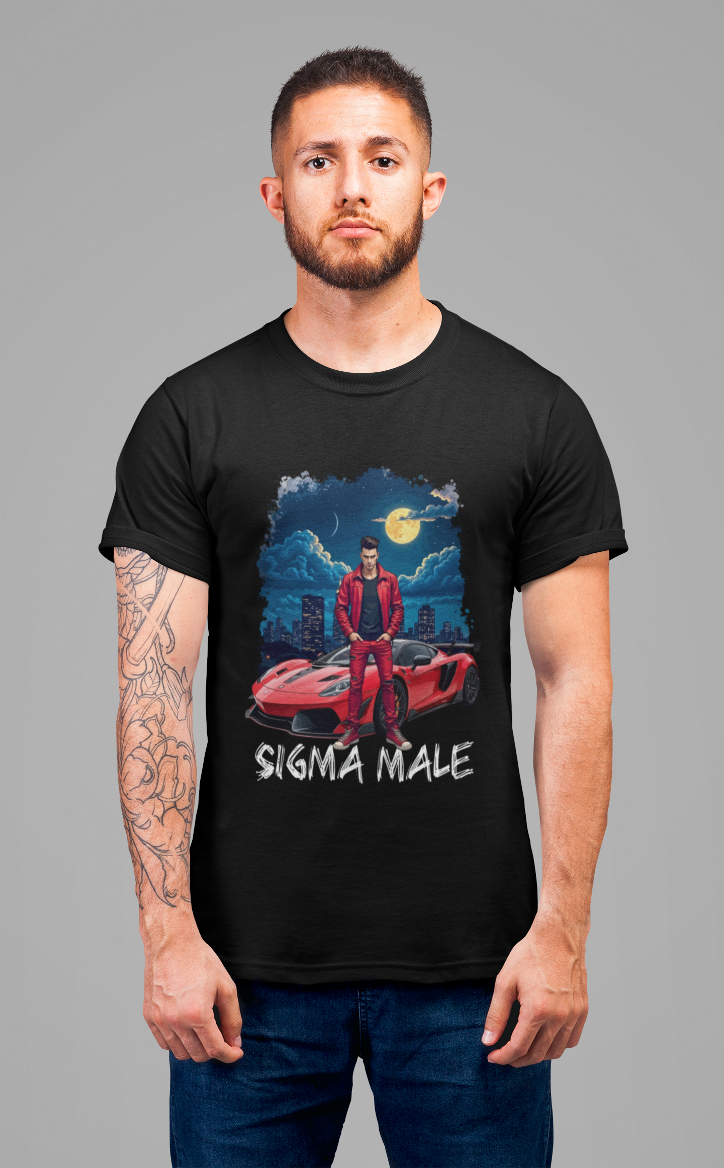 SIGMA MALE – Man in Red Jacket with Racing Car and Full Moon Graphic T-Shirt