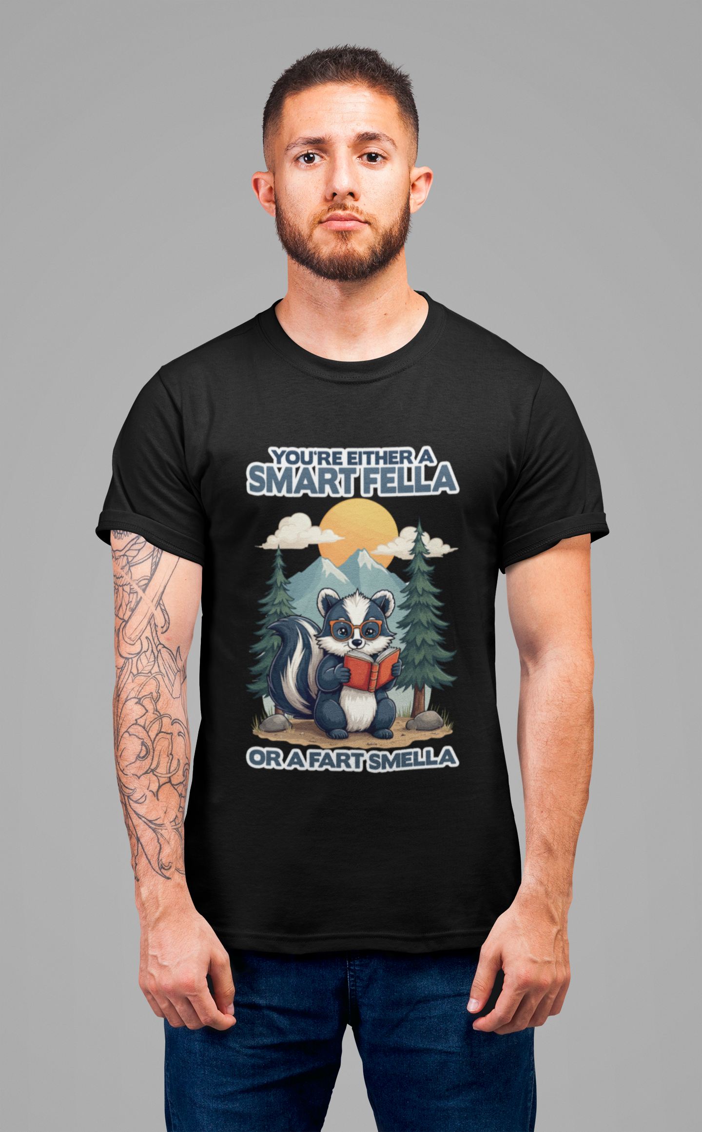 You're Either a Smart Fella or a Fart Smella Tshirt – Skunk in Colorful Space Suit with Sun & Mountain Background