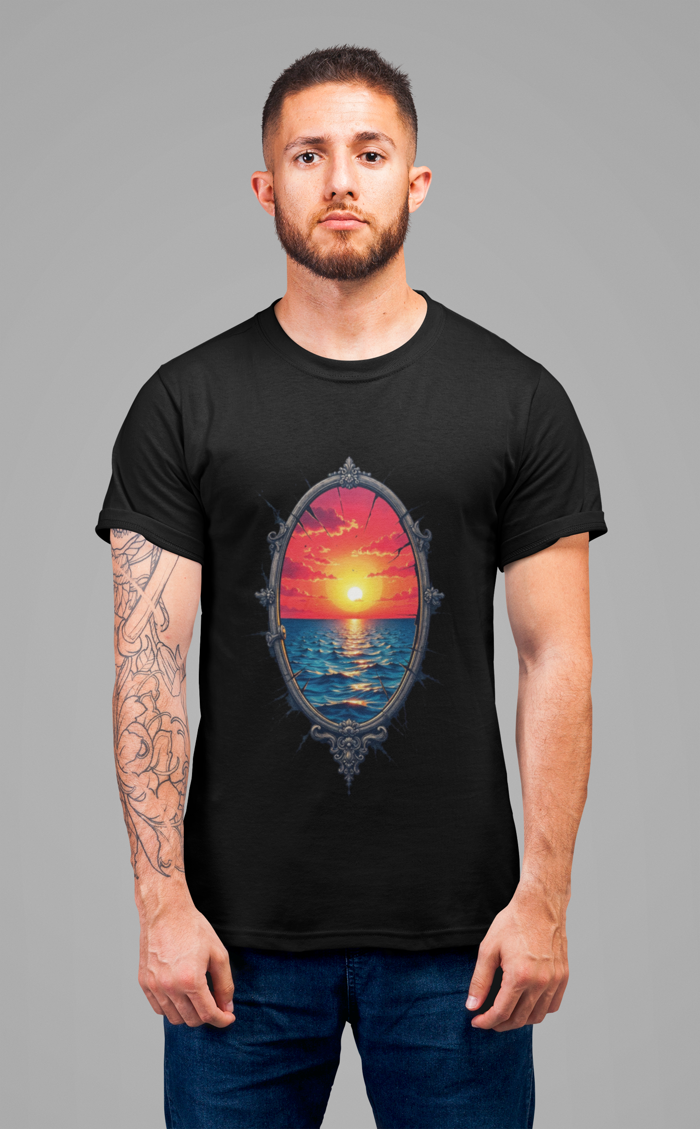 Sunset Portal T-Shirt – Ocean View Through Ornate Frame