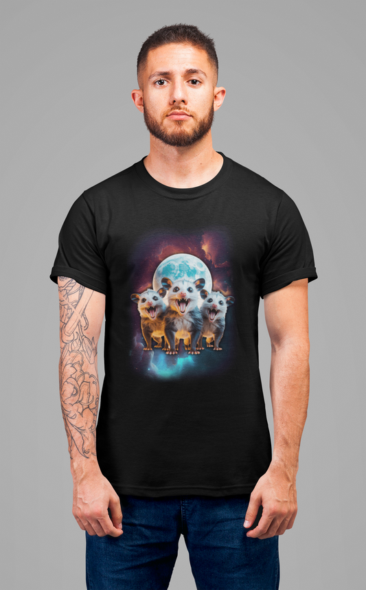Three Crazy Possums Moon and Galaxy T-Shirt – Whimsical Space Animal Graphic Tee