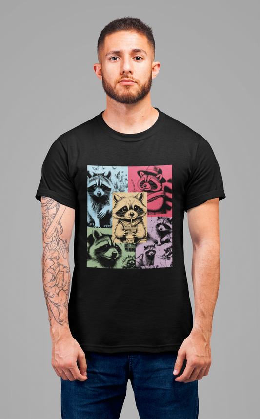 Colorful Raccoons T-Shirt – Playful Multi-Color Raccoons with Sipping Raccoon Graphic