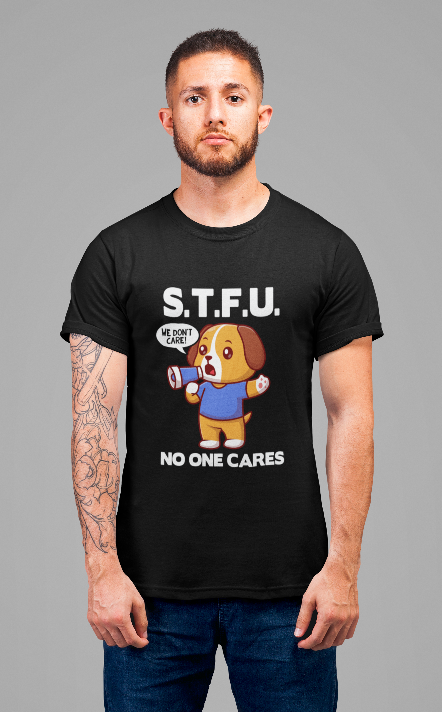 STFU No One Cares Puppy Tshirt Puppy Holding Loudspeaker Funny Sarcastic Statement