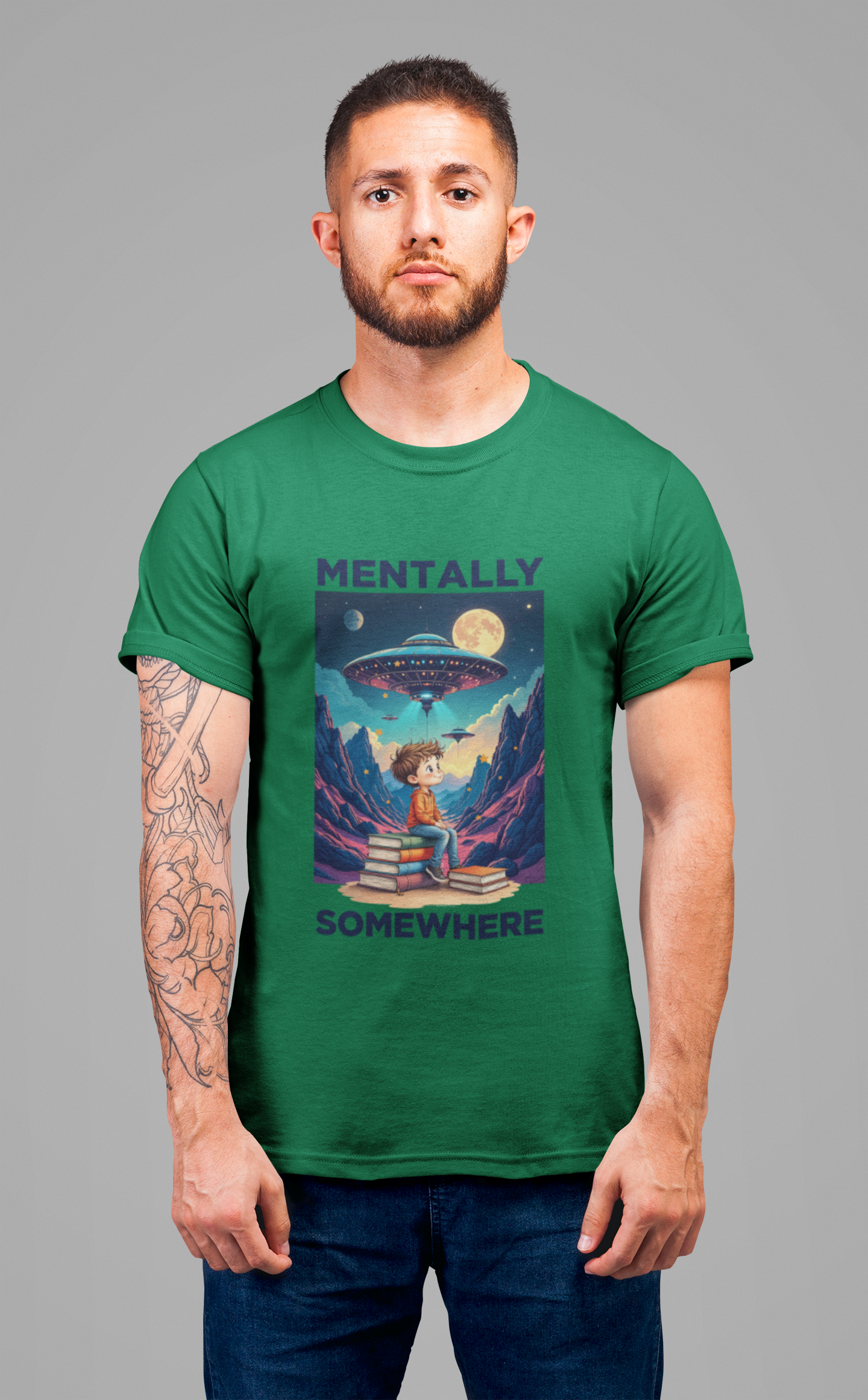 Mentally Somewhere Else – Boy on Books with Space Scene Graphic T-Shirt