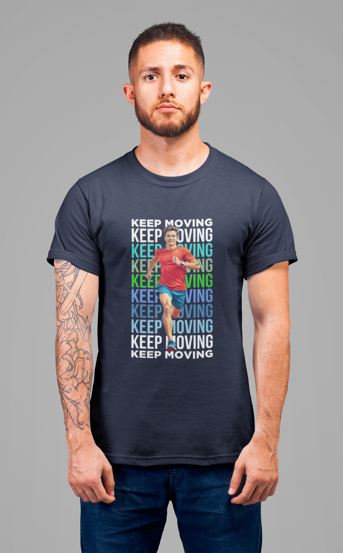 Keep Moving – Determination and Progress Man Running Motivational Graphic T-Shirt