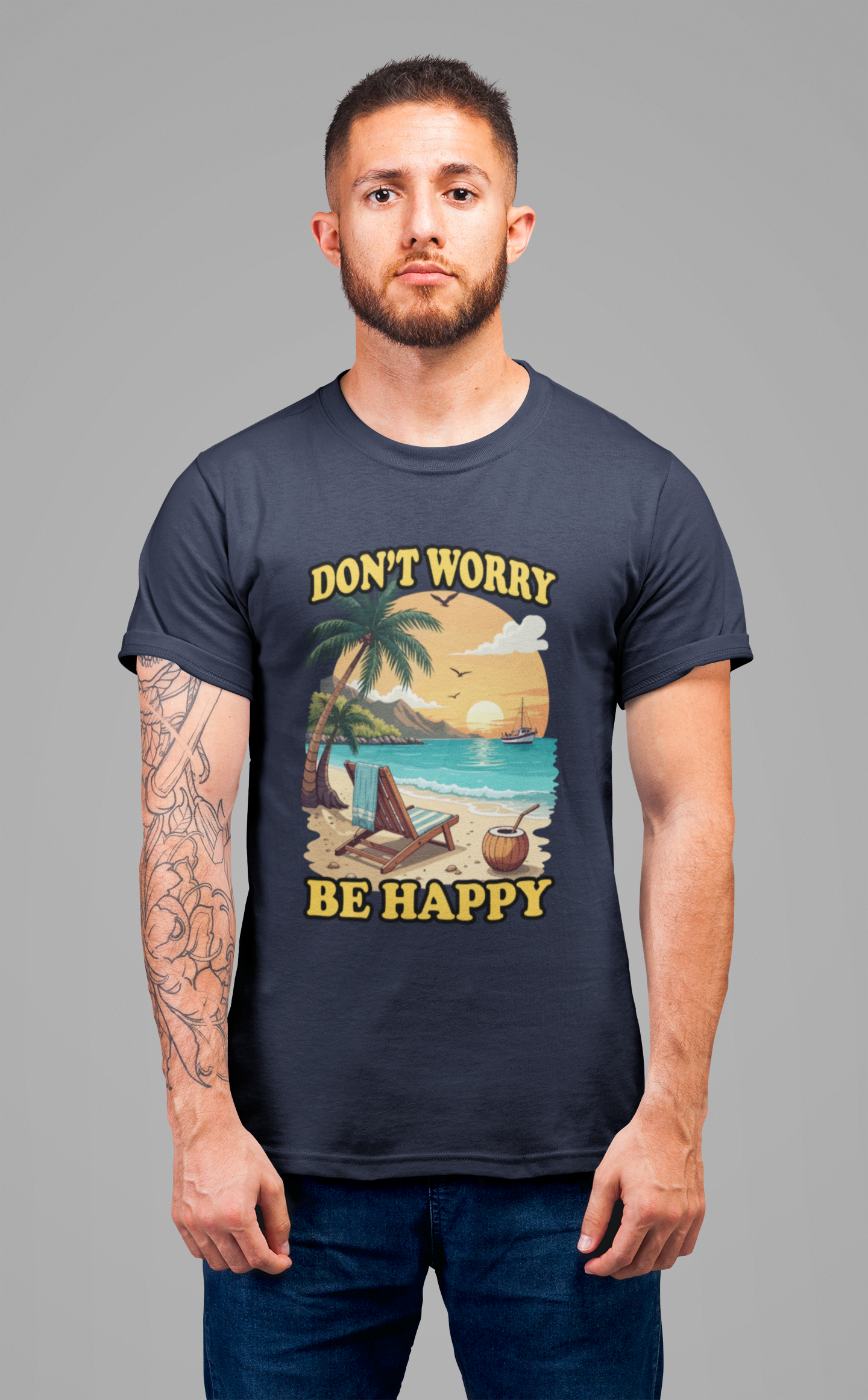 Don’t Worry Be Happy T-Shirt – Retro Beach Sunset Graphic Tee