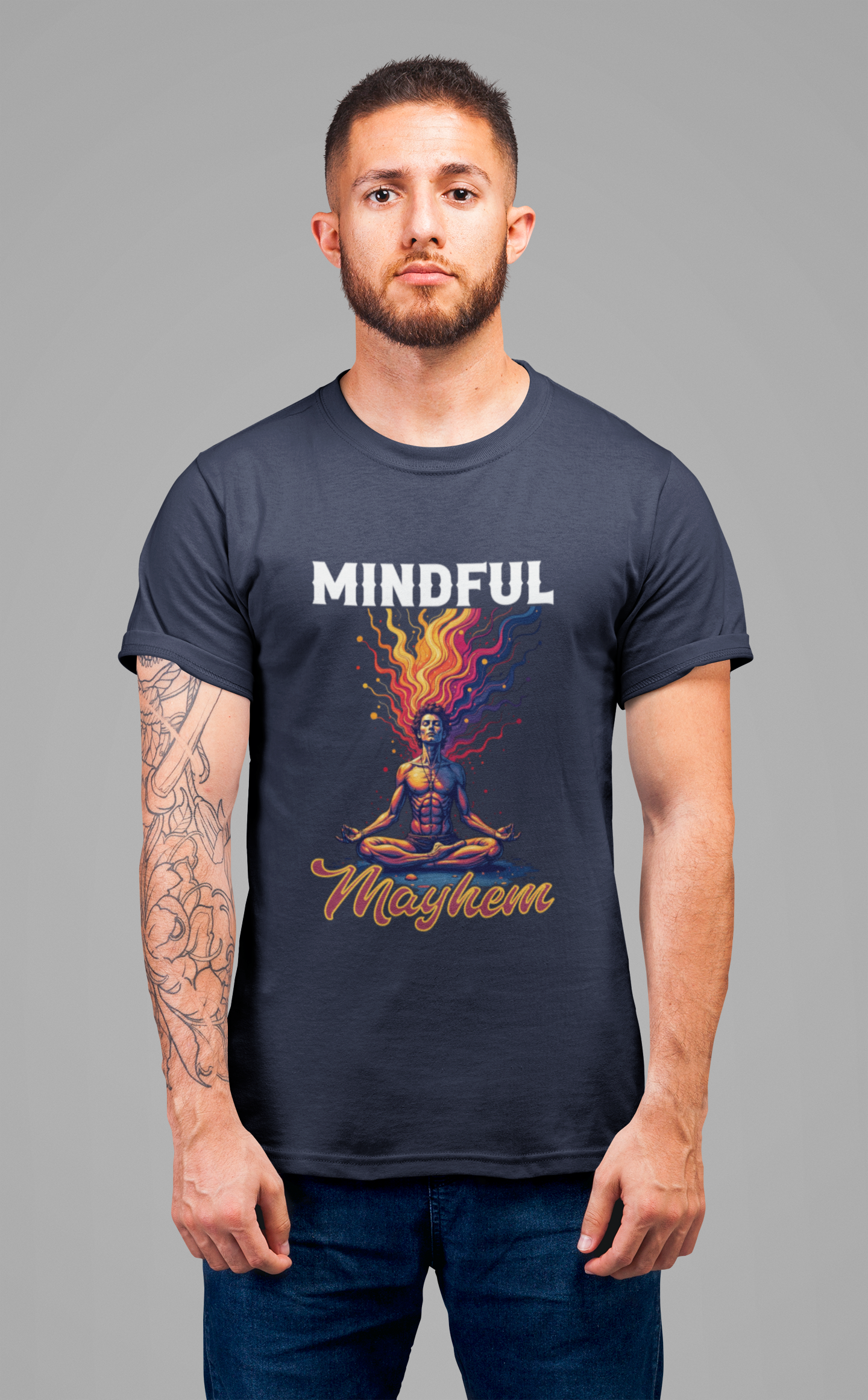 Mindful Mayhem – Meditating Man with Rising Flames Graphic T-Shirt