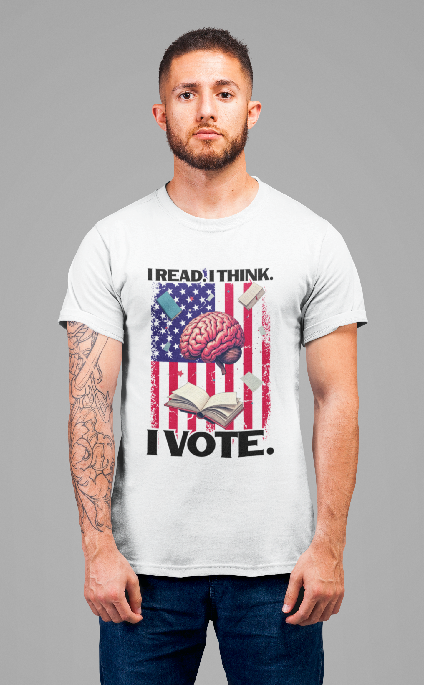 I READ I THINK I VOTE - Flag, Books & Brain Graphic T-Shirt