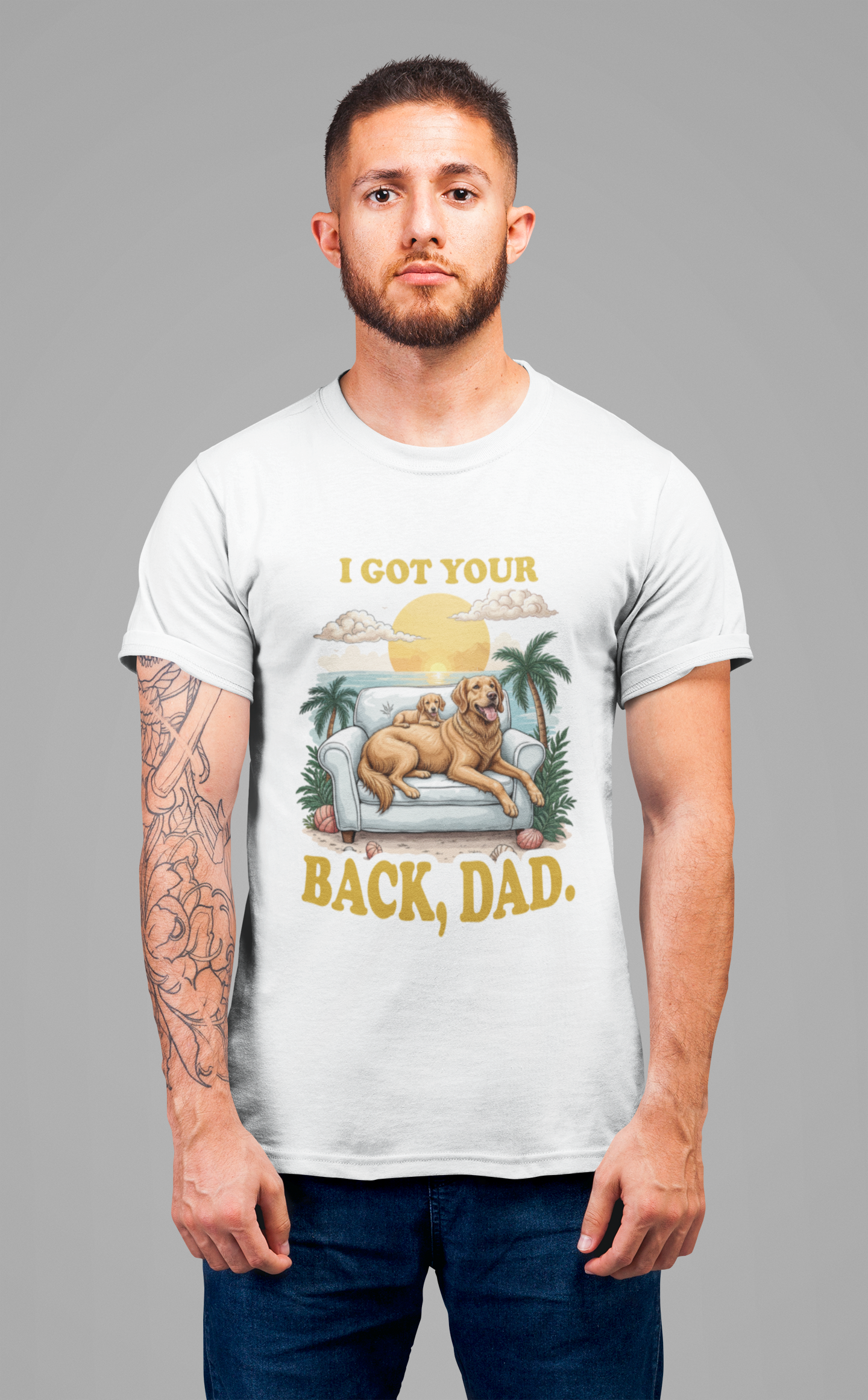 I Got Your Back Dad Tshirt Golden Retriever Father and Puppy on Couch Beach Sunset