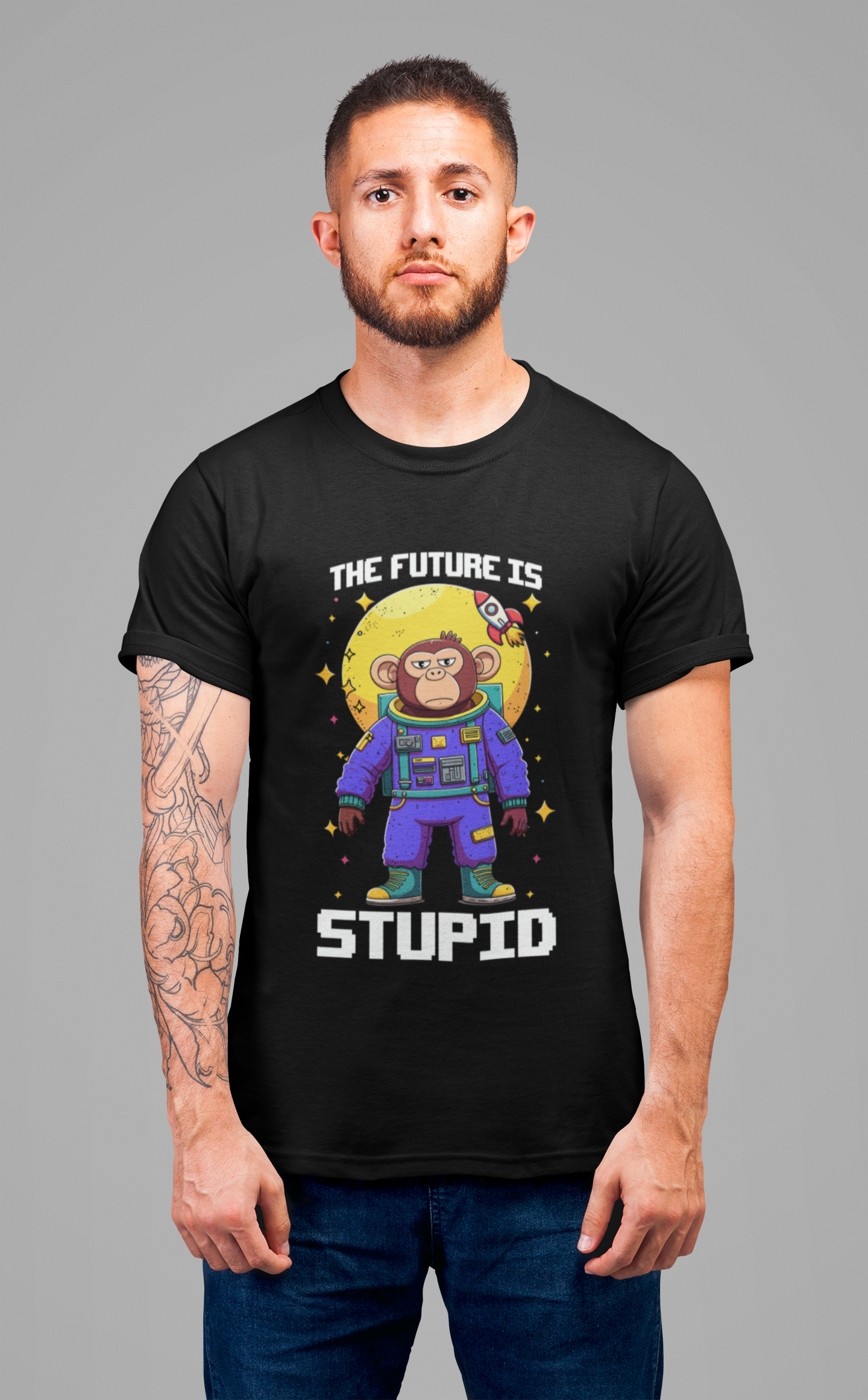 The Future Is Stupid Tshirt – Monkey in Colorful Spacesuit with Stars & Rocket Graphic