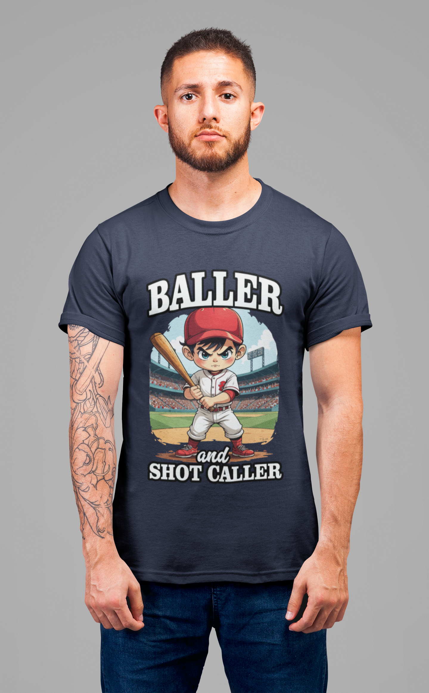 Baller And Short Caller Tshirt young baseball player standing confidently on the pitch