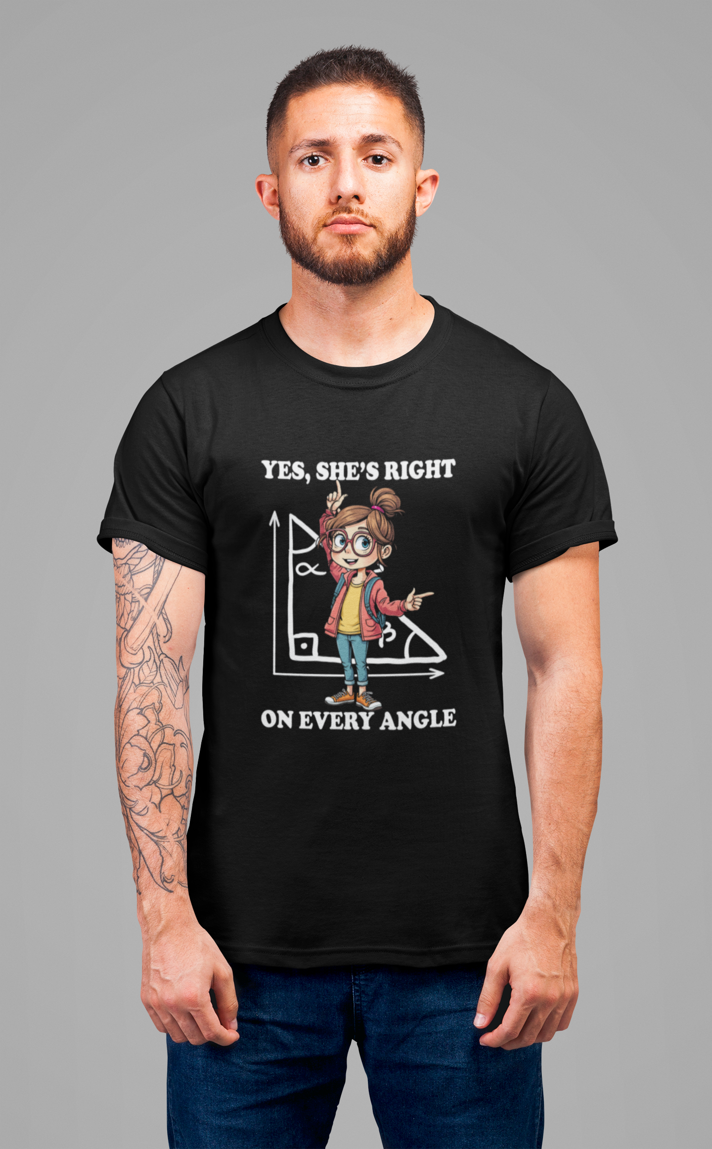 Yes, She Is Right On Every Angle Tshirt – Happy Girl with Right Angle Triangle Graphic
