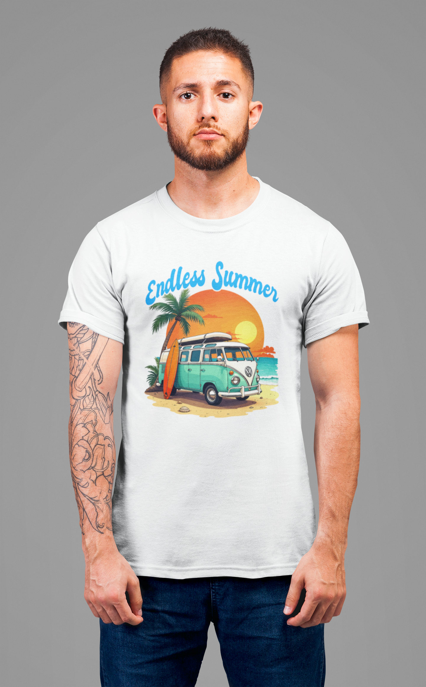 Endless Summer Beach Van with Surfboard and Palm Tree Sunset Graphic T-Shirt