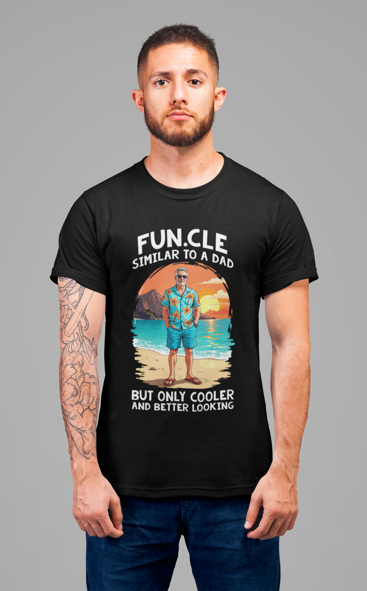 FUN.CLE Beach Sunset T-Shirt – Cool Uncle Beach Graphic with Funny Quote