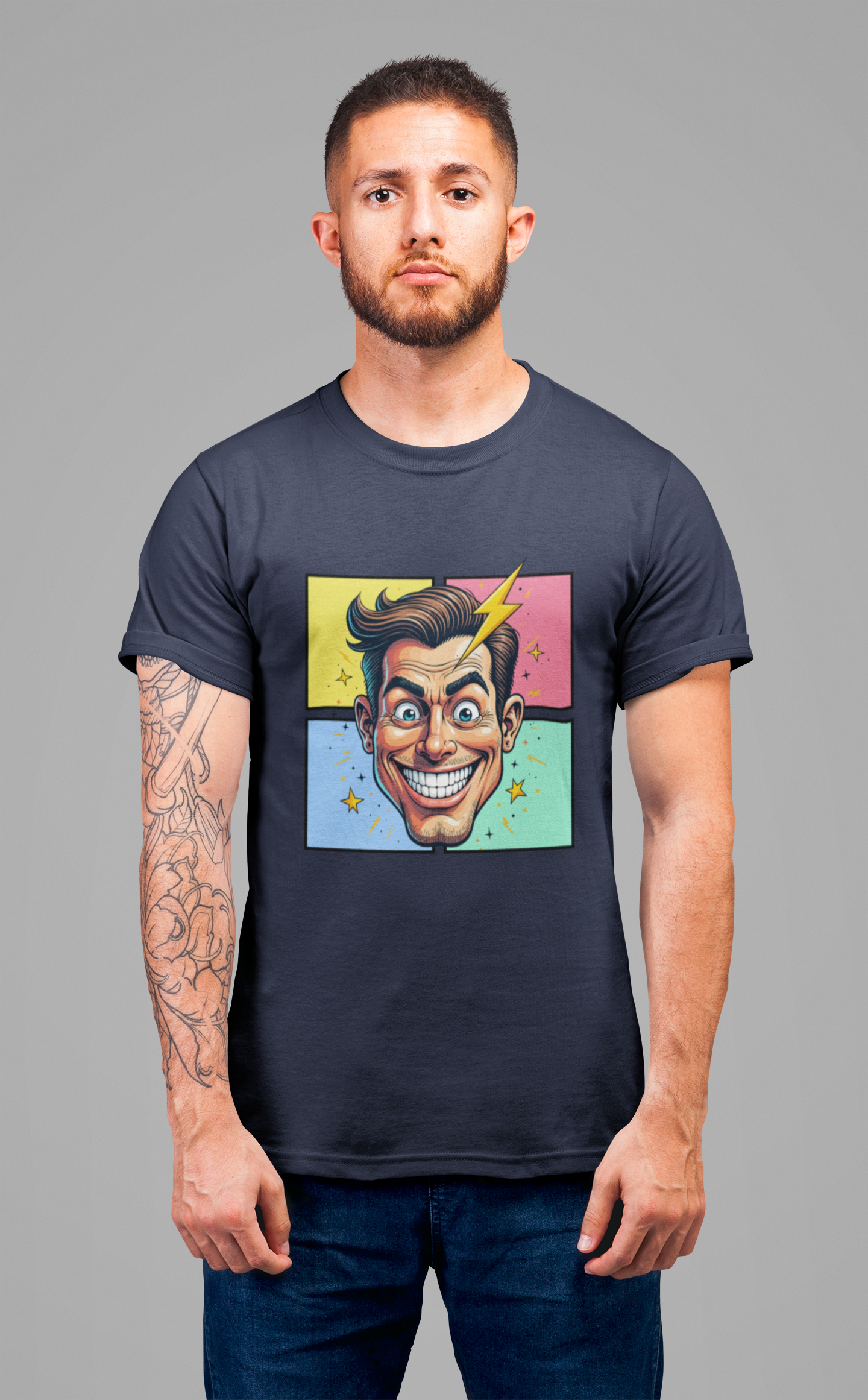 Funny Man’s Face with Lightning Forehead and Colorful Quadrant Stars Emotions Graphic T-Shirt